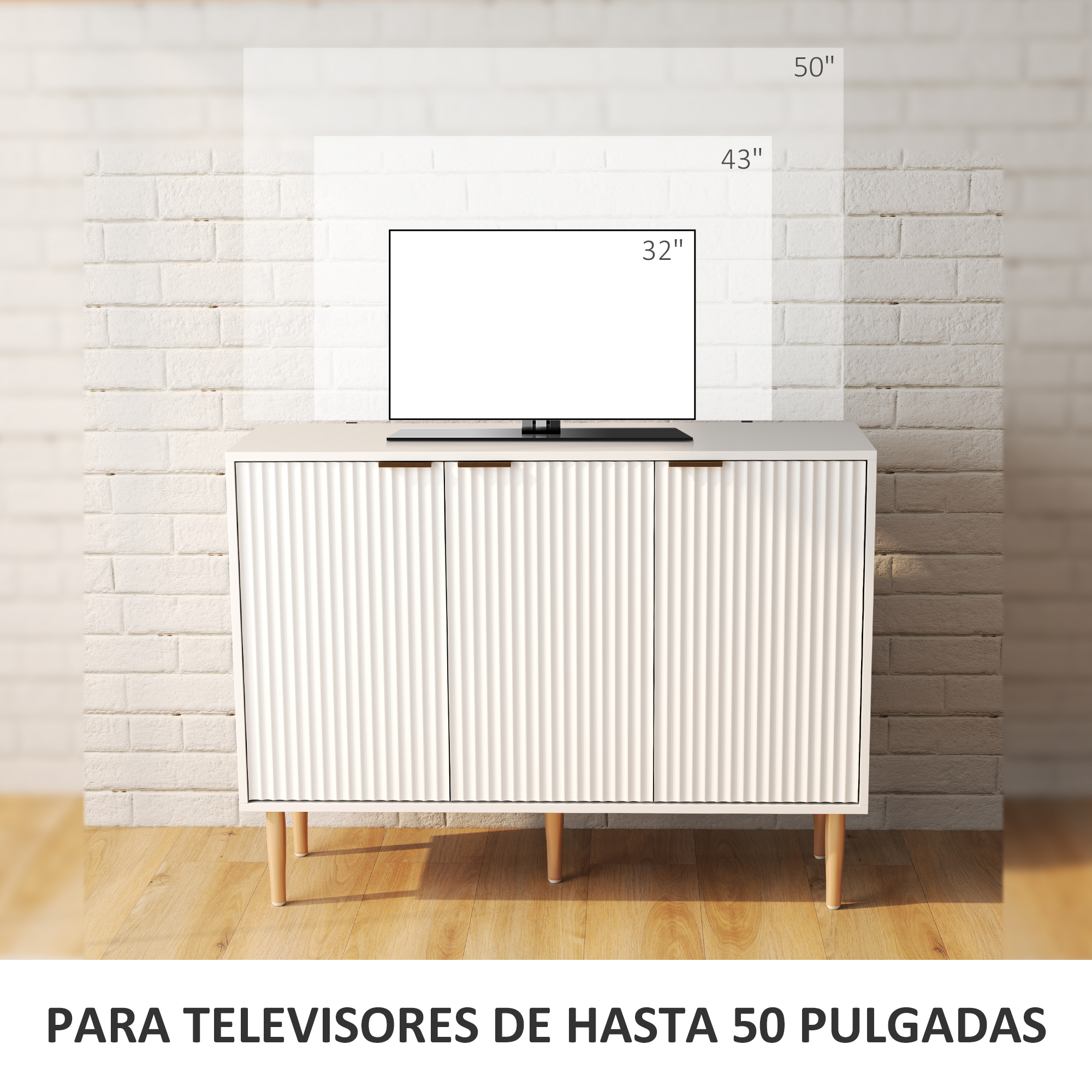 Un televisor de 32 pulgadas descansa sobre un aparador blanco contra una pared de ladrillos.