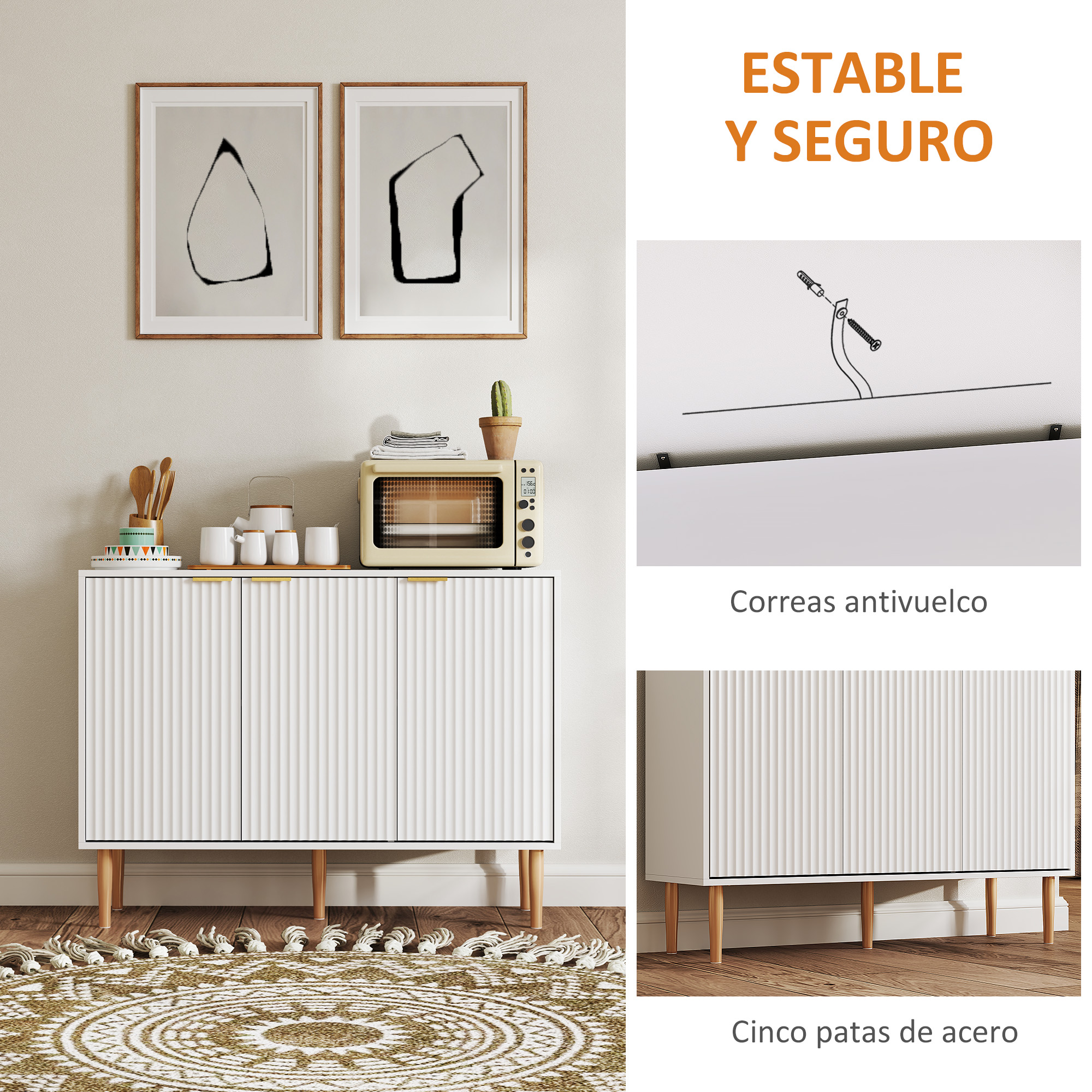 Aparador blanco con arte, microondas y detalles de madera.