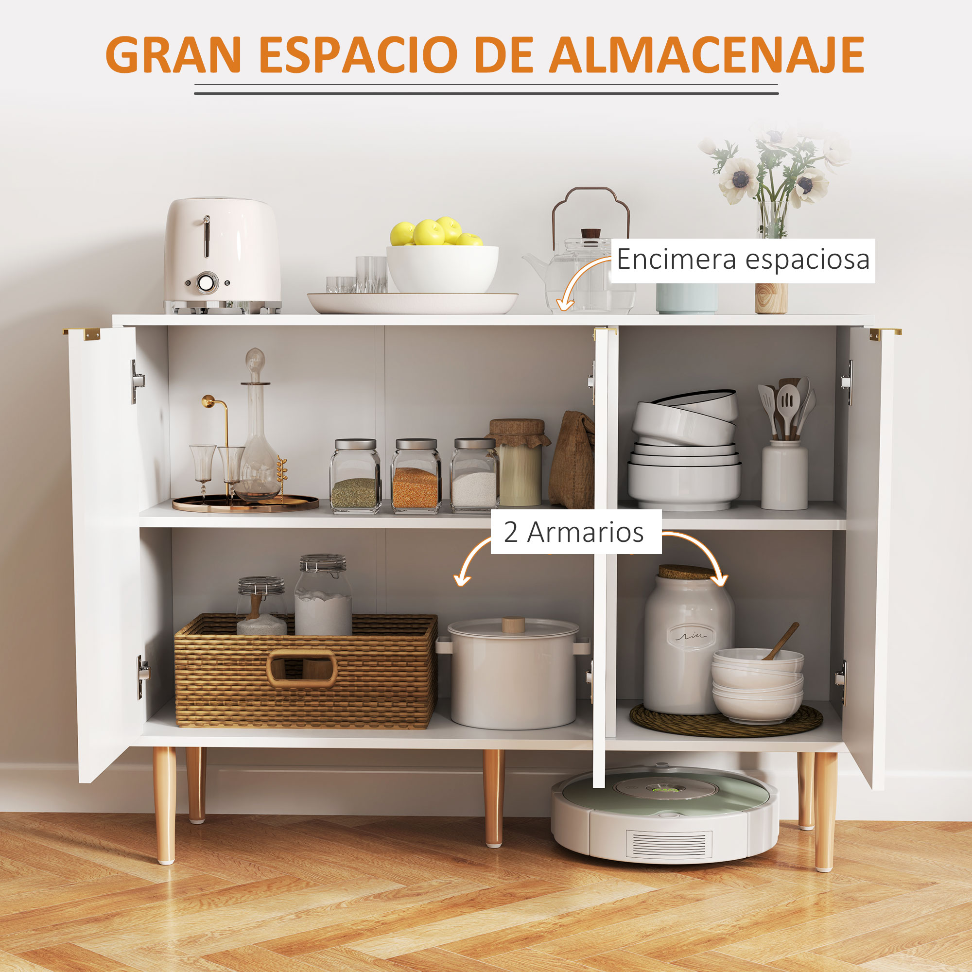 Un mueble de almacenamiento blanco con puertas abiertas, lleno de utensilios de cocina.