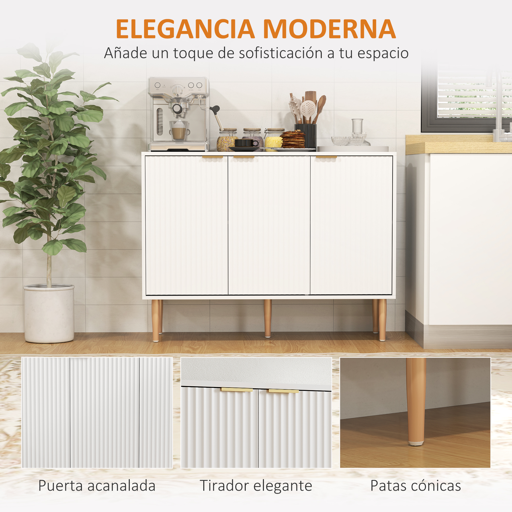 Mueble blanco moderno con puertas acanaladas, cafetera y planta.