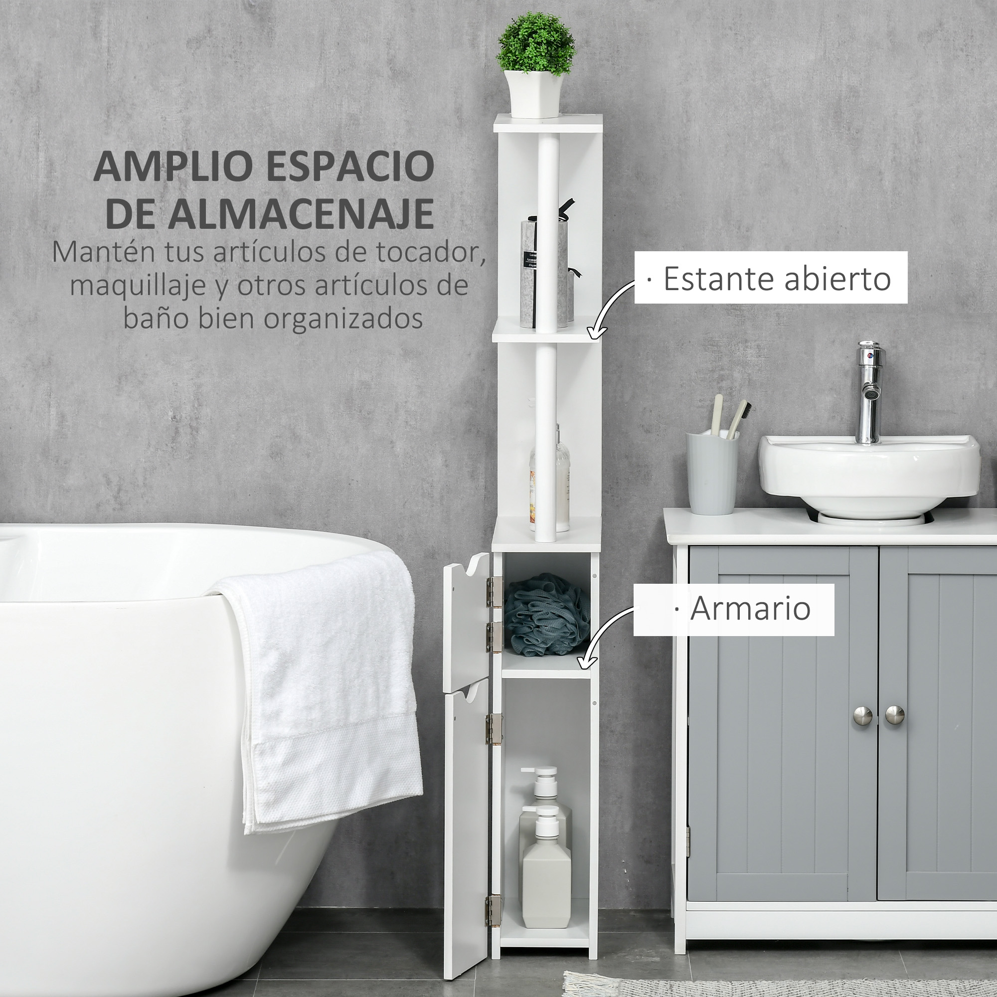 Un baño con bañera, estante blanco y mueble de lavabo gris.
