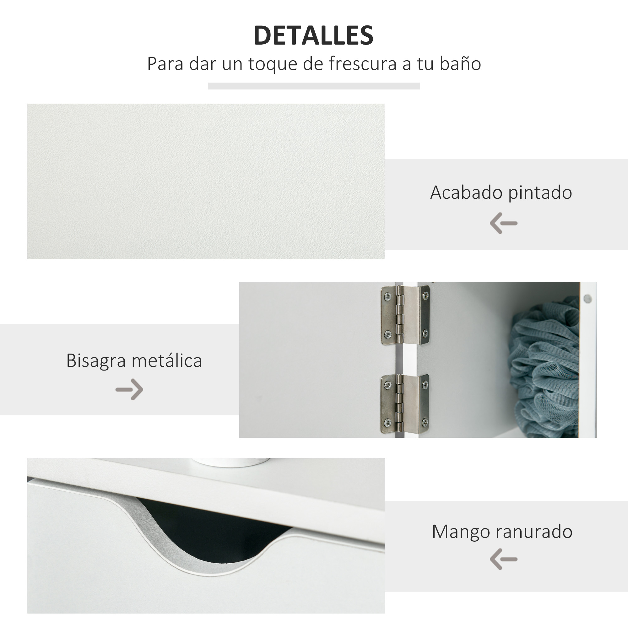 Detalles: Acabado blanco, bisagras metálicas y tirador de cajón.