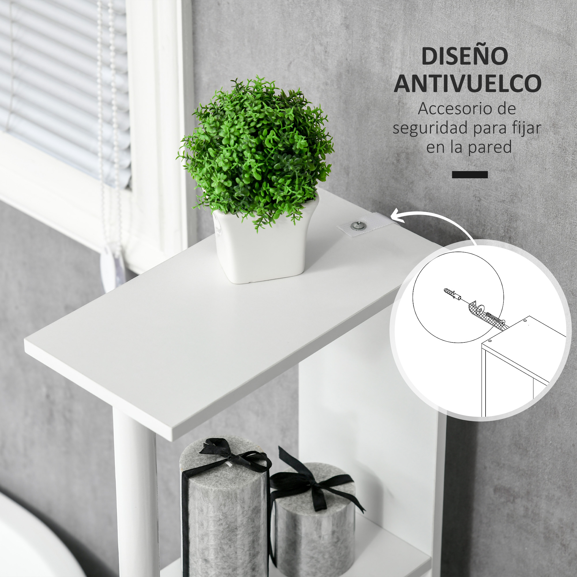 Un estante blanco con planta y velas. Se muestra fijación a la pared.