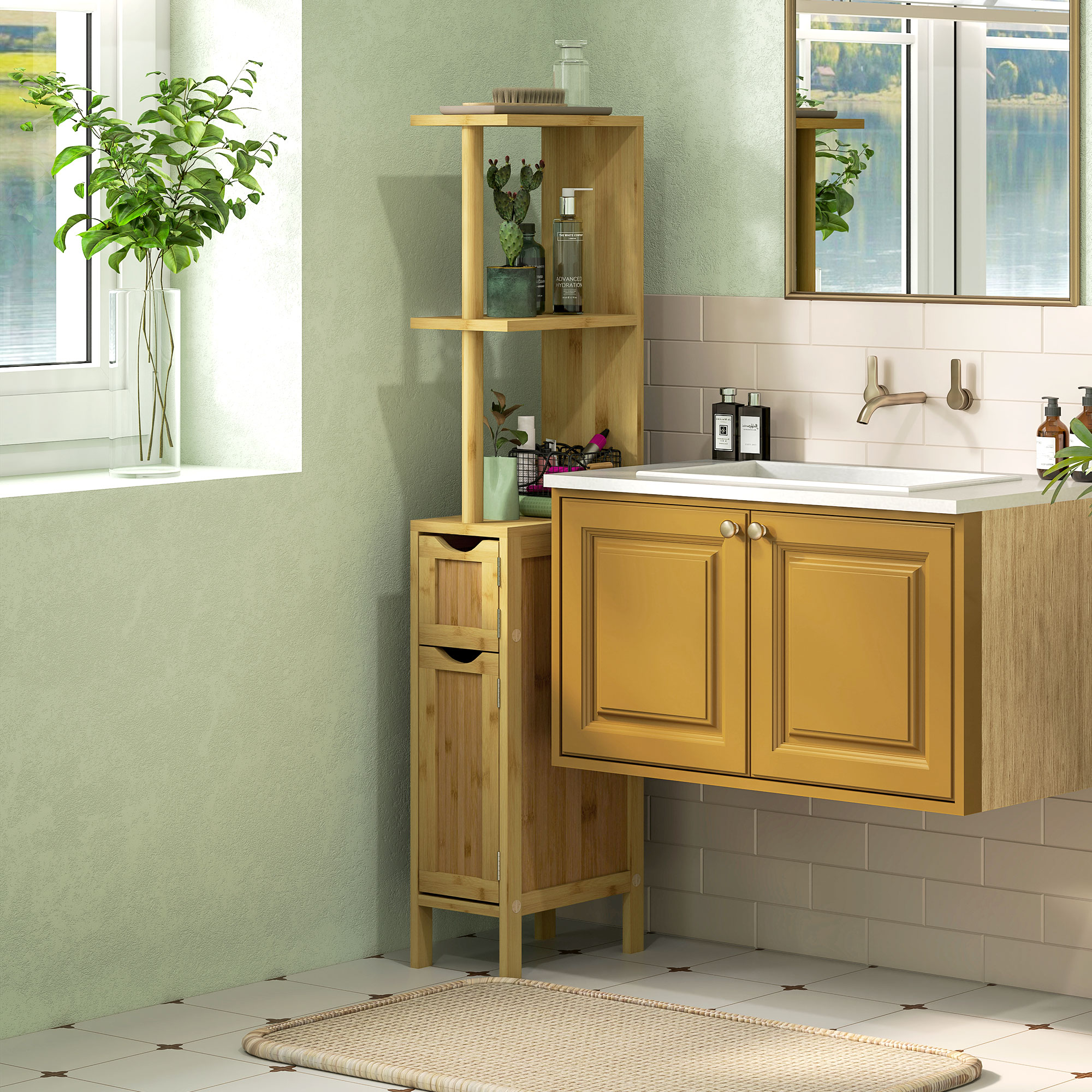 Un baño con detalles de madera, lavabo, espejo y plantas.