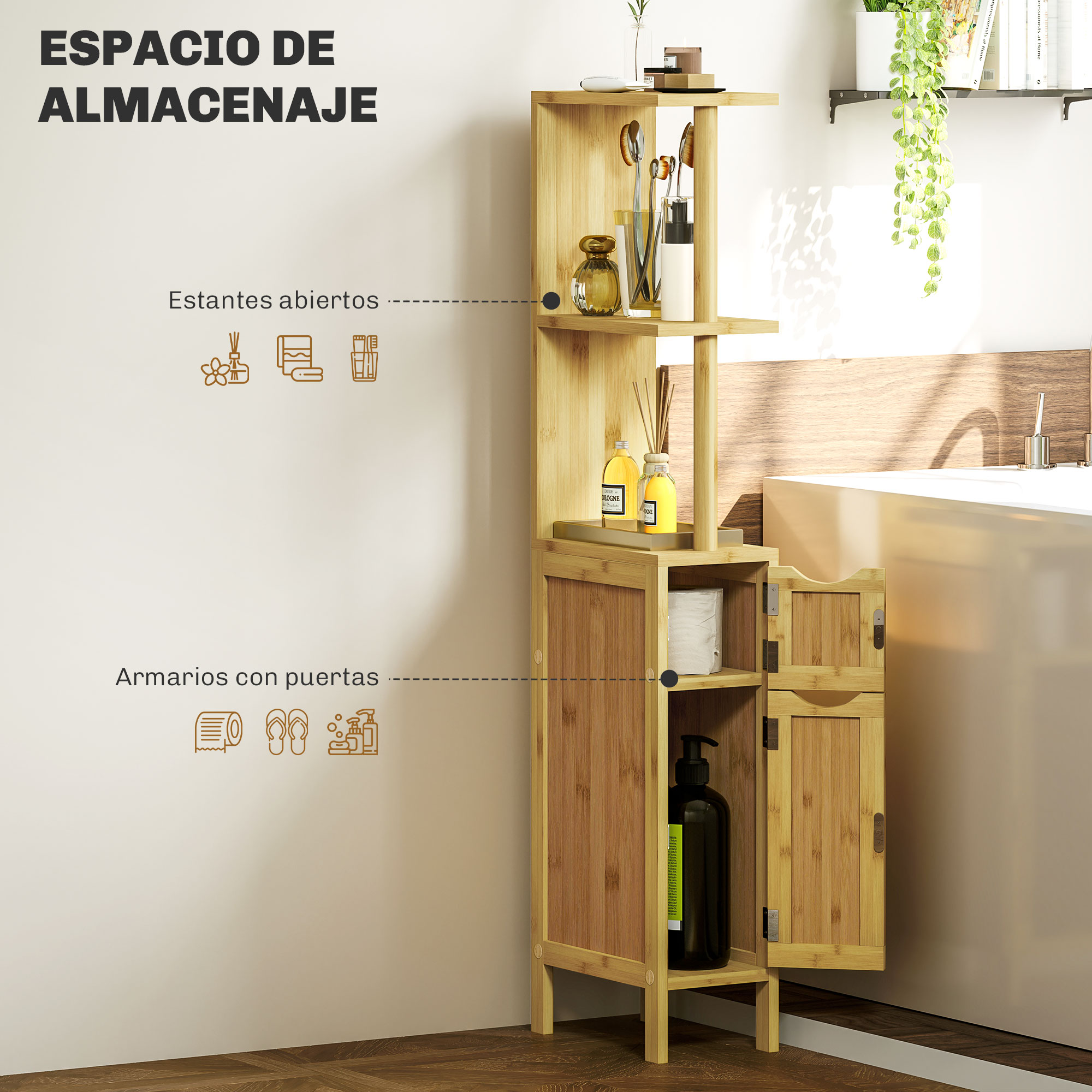 Mueble de baño de bambú con estantes abiertos y compartimentos.