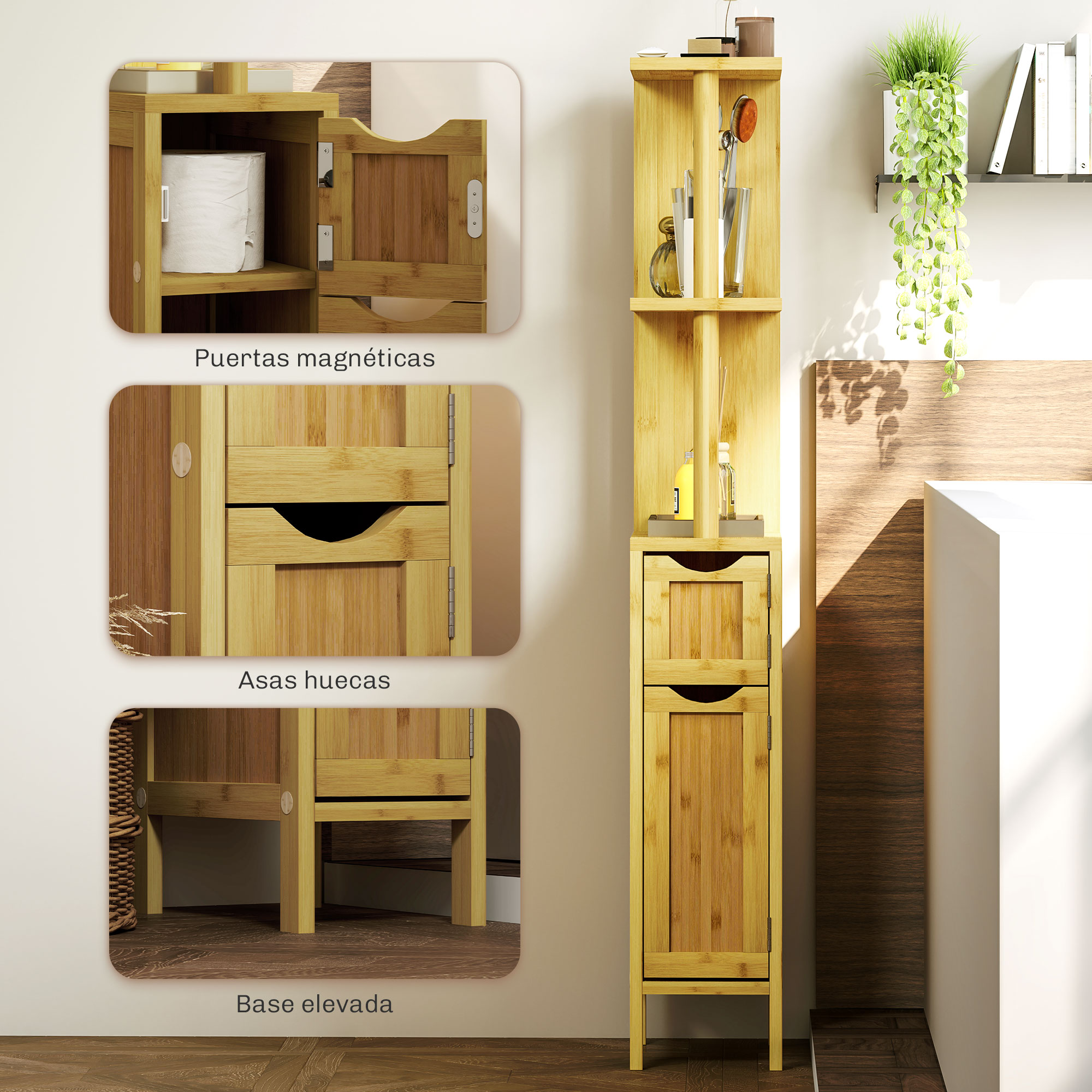 Un mueble alto y estrecho de bambú con estantes y cajones, que contiene artículos de baño.