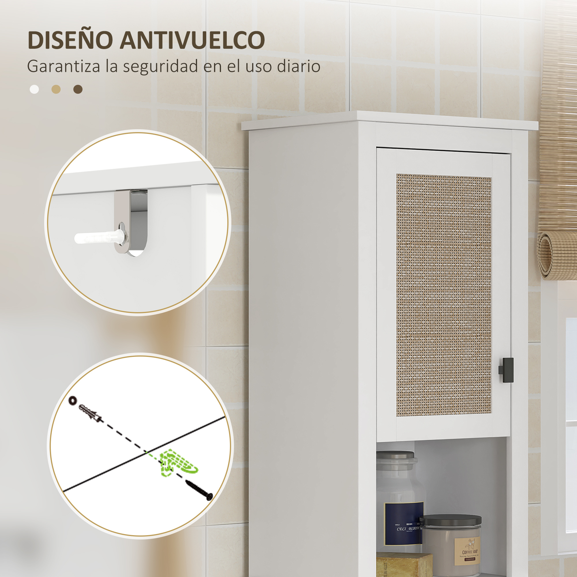 Puerta de armario blanca con inserción de ratán e instrucciones de montaje.