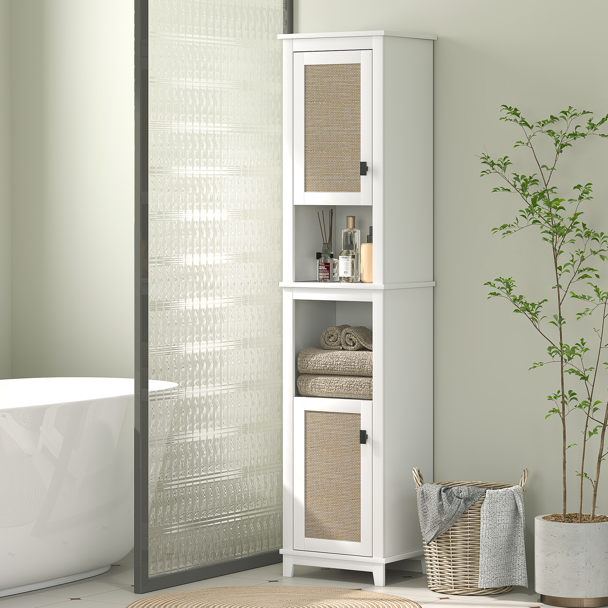 Un armario blanco con puertas de ratán junto a una bañera y una planta.