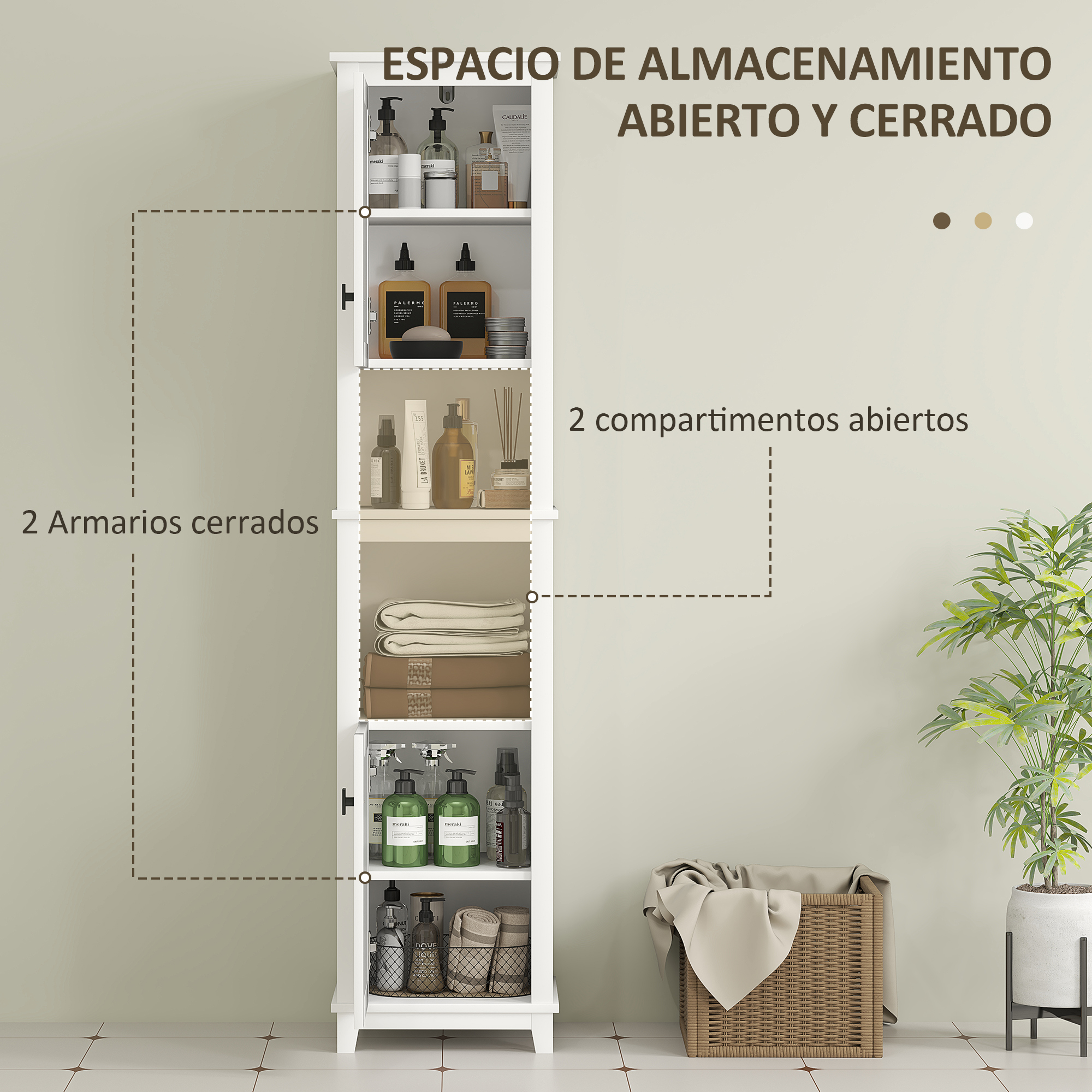 Un armario blanco alto con estantes abiertos y cerrados, lleno de botellas y toallas.
