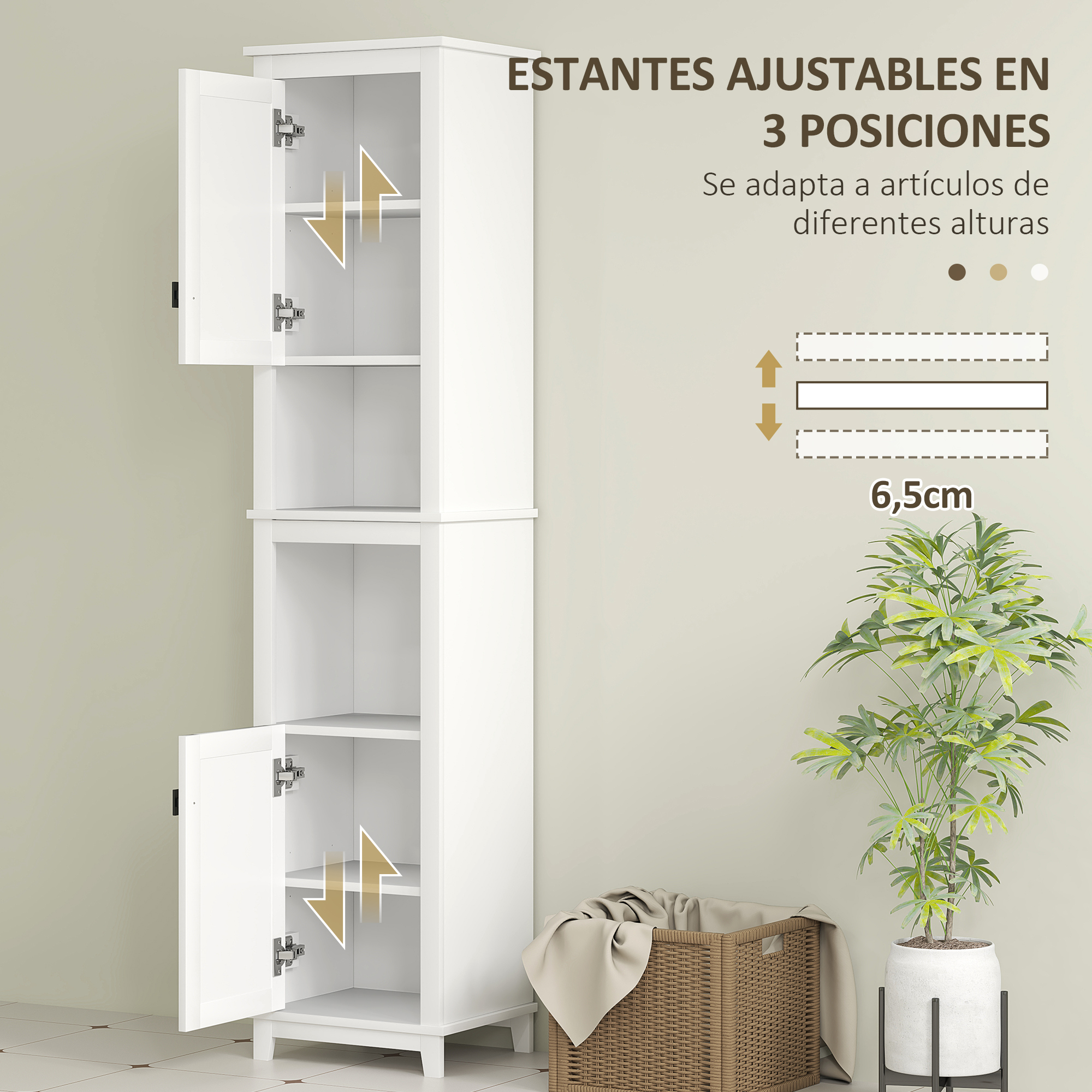 Un armario blanco con puertas abiertas, al lado una cesta y una planta.