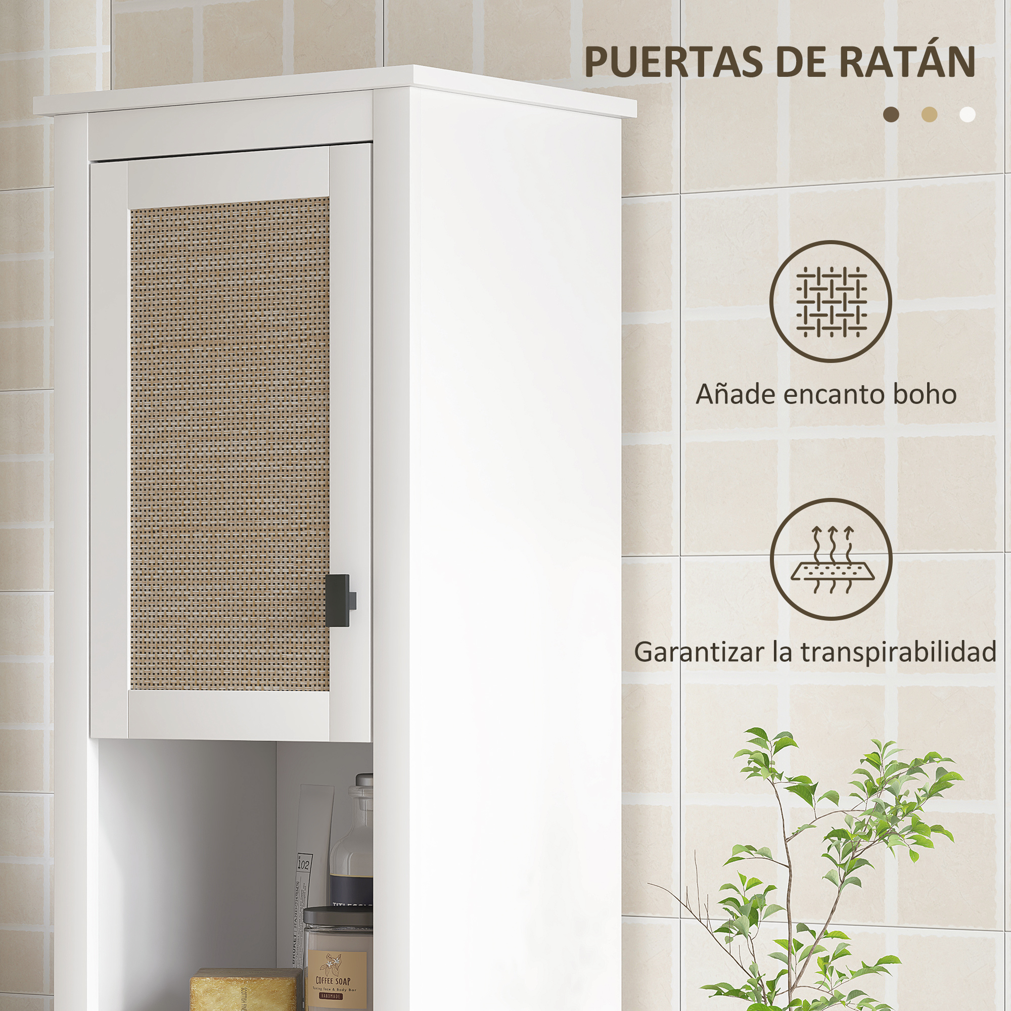 Armario blanco con puerta de ratán, pared de azulejos y planta.