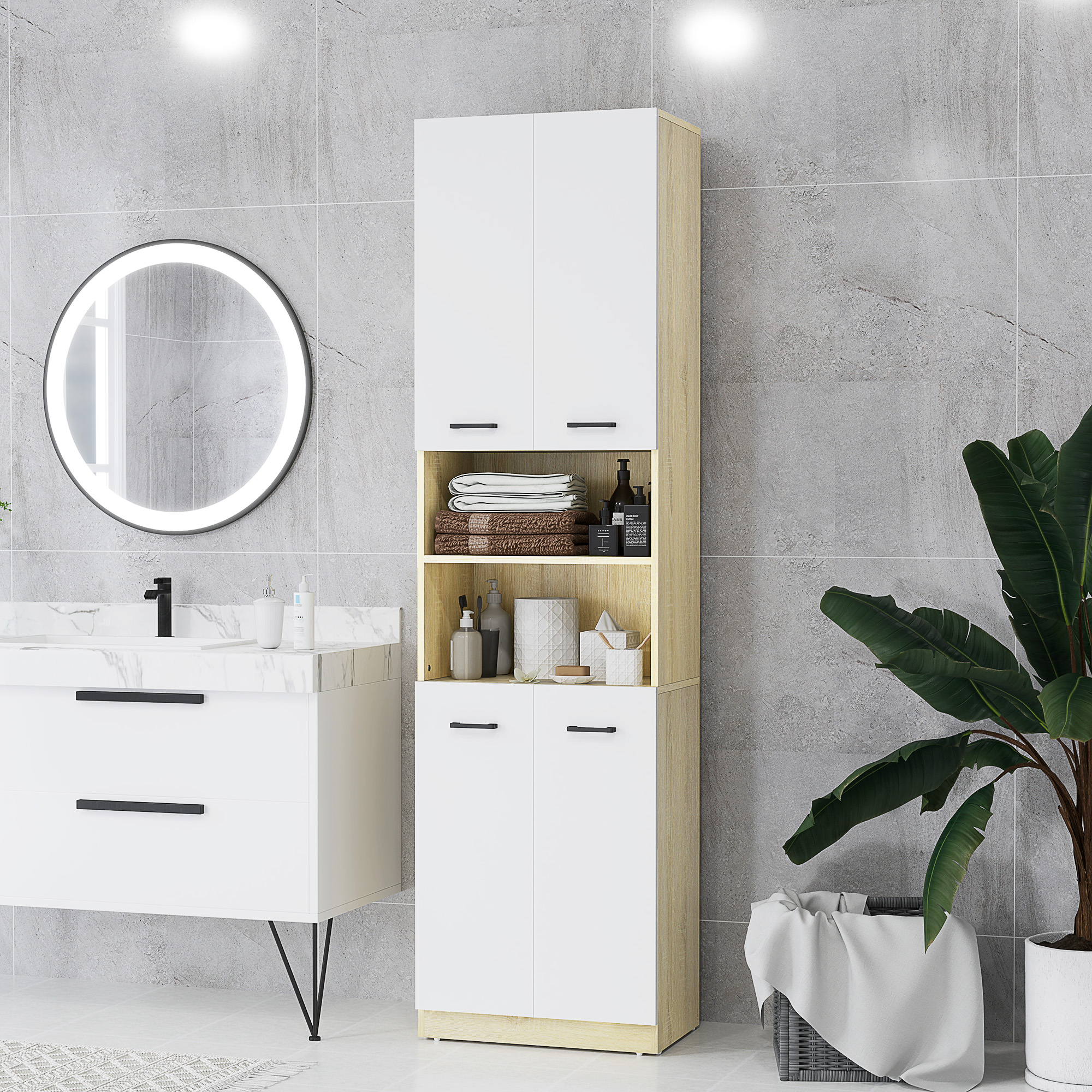 Un baño con un mueble alto blanco, lavabo y espejo iluminado.