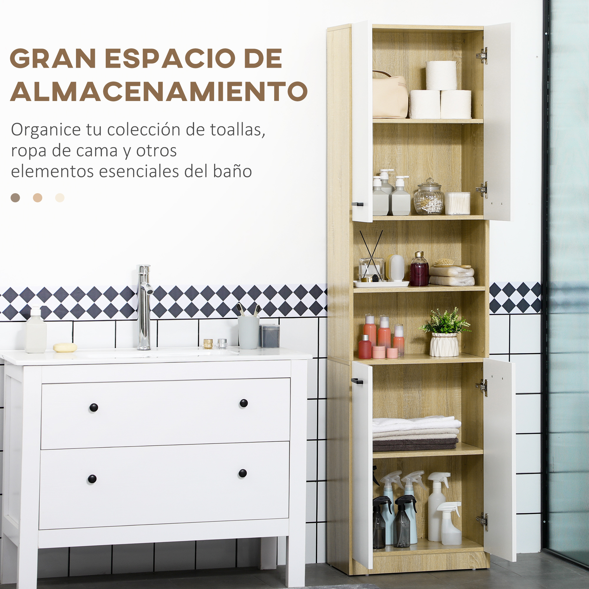 Armario de baño con puertas abiertas, lleno de papel higiénico, botellas y toallas.