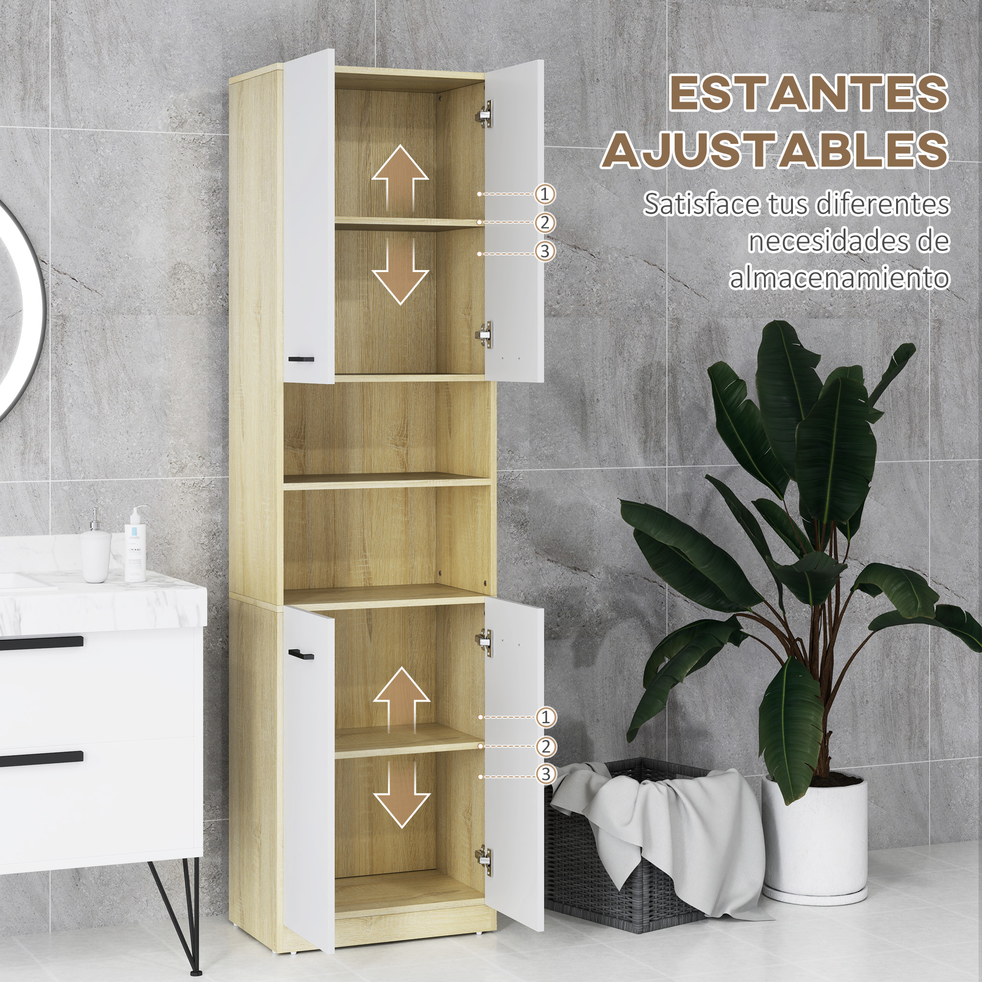 Un armario alto blanco y de madera con puertas abiertas y estantes.