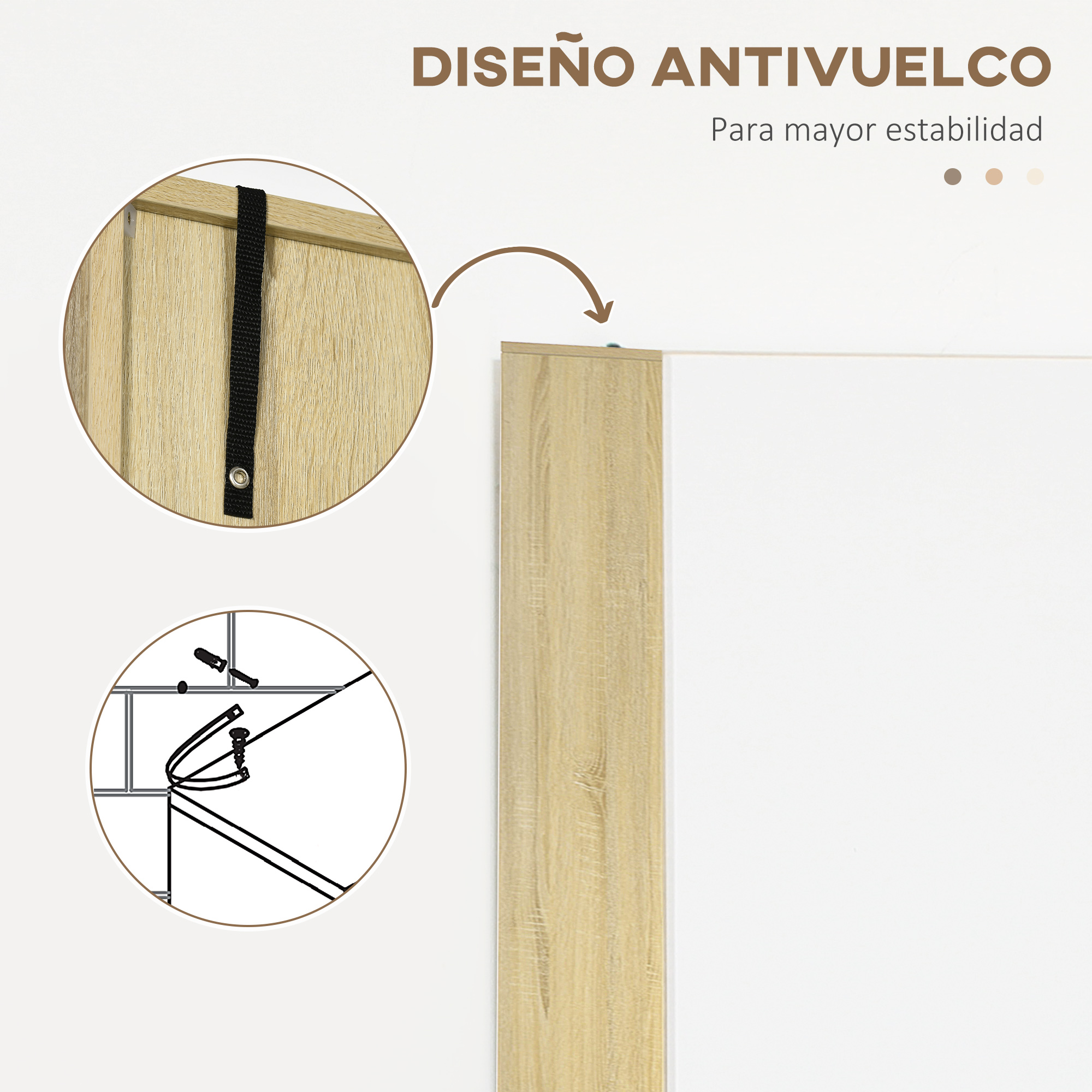 Primer plano de mueble de madera con cincha negra para seguridad antivuelco.