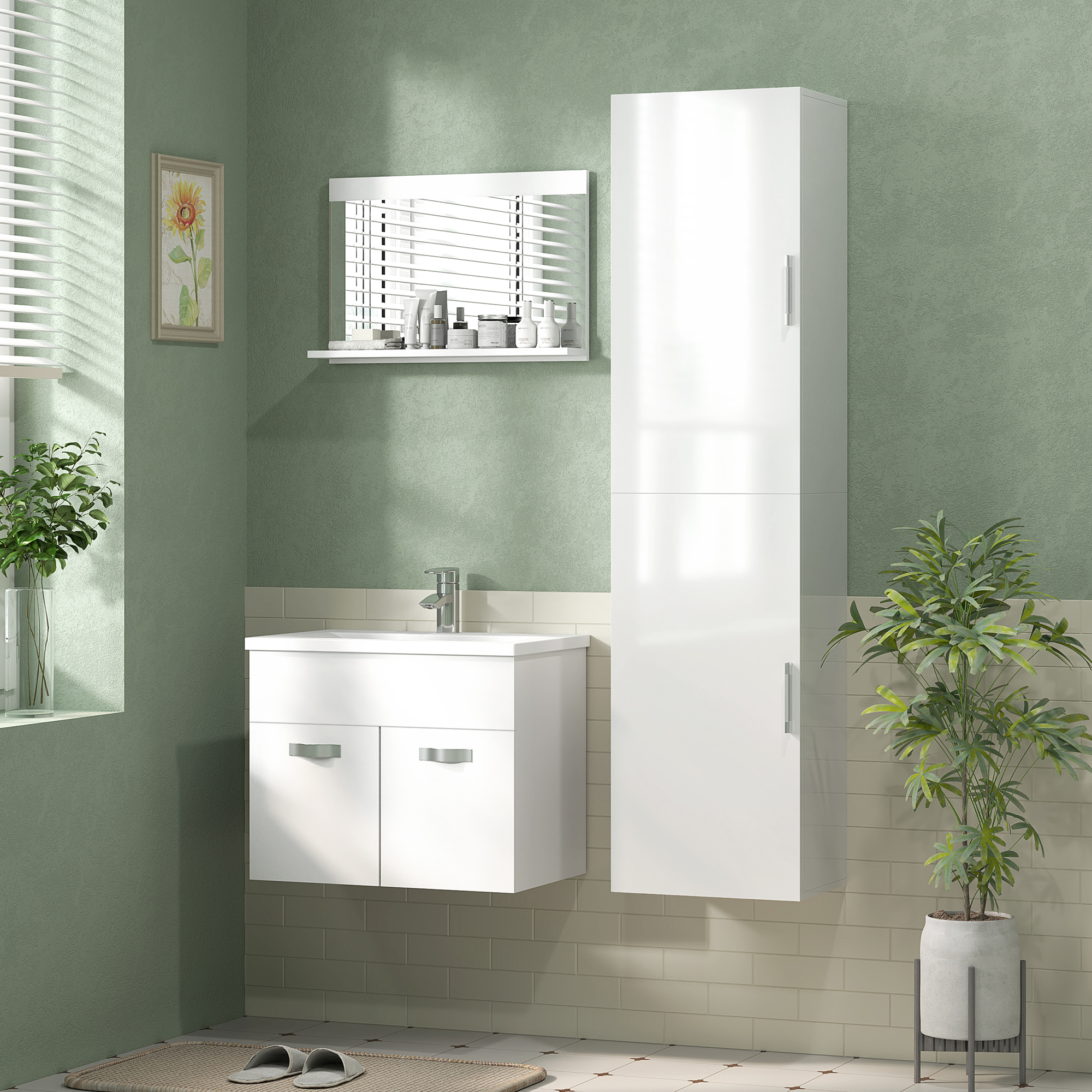 Baño moderno con muebles blancos, paredes verdes y plantas.