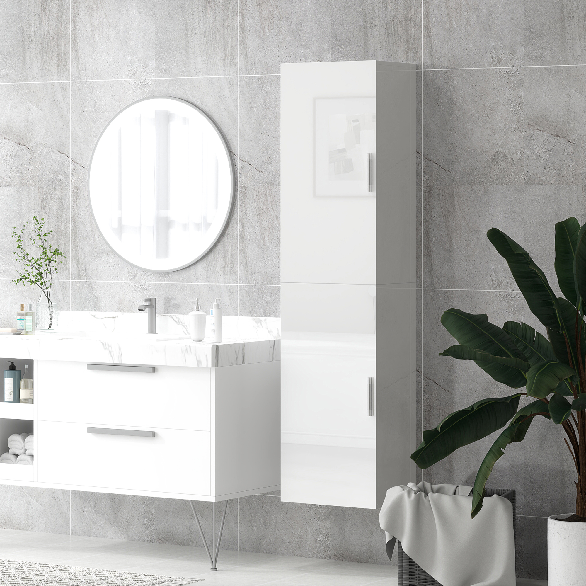 Baño moderno con tocador, espejo, mueble alto y planta.