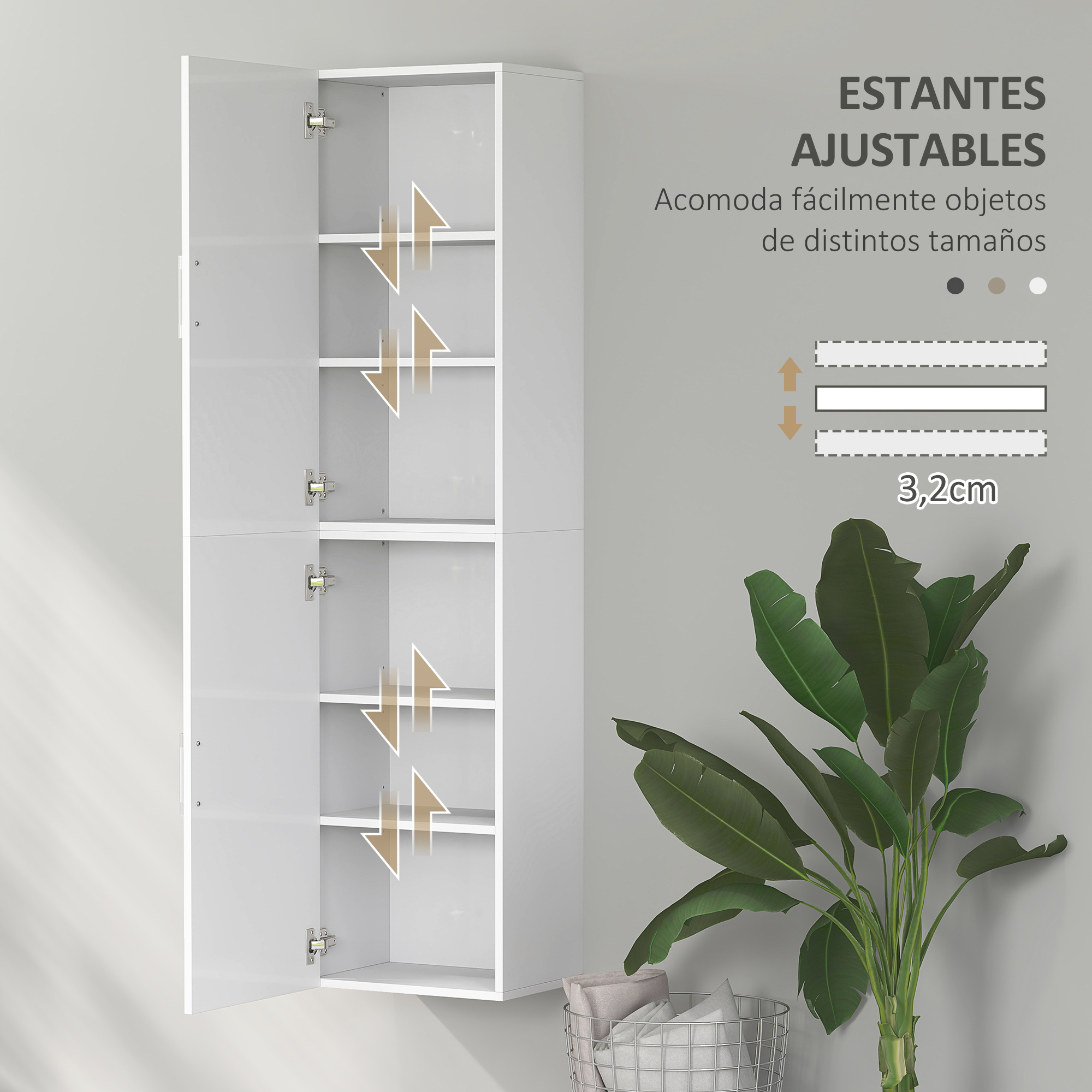 Puertas blancas de armario abiertas, muestran estantes con flechas para ajuste.
