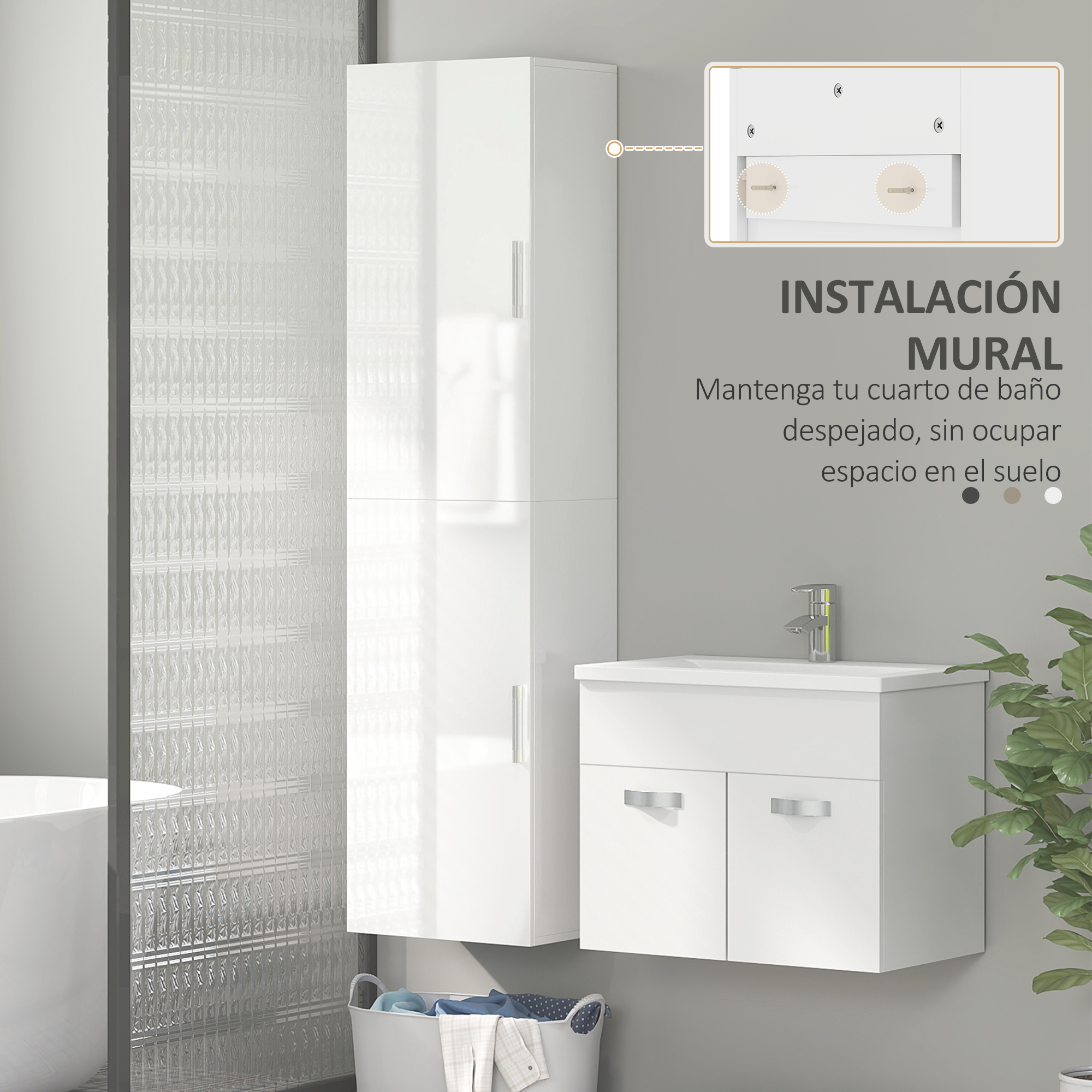 Un mueble de baño blanco con lavabo y cesto para la ropa.