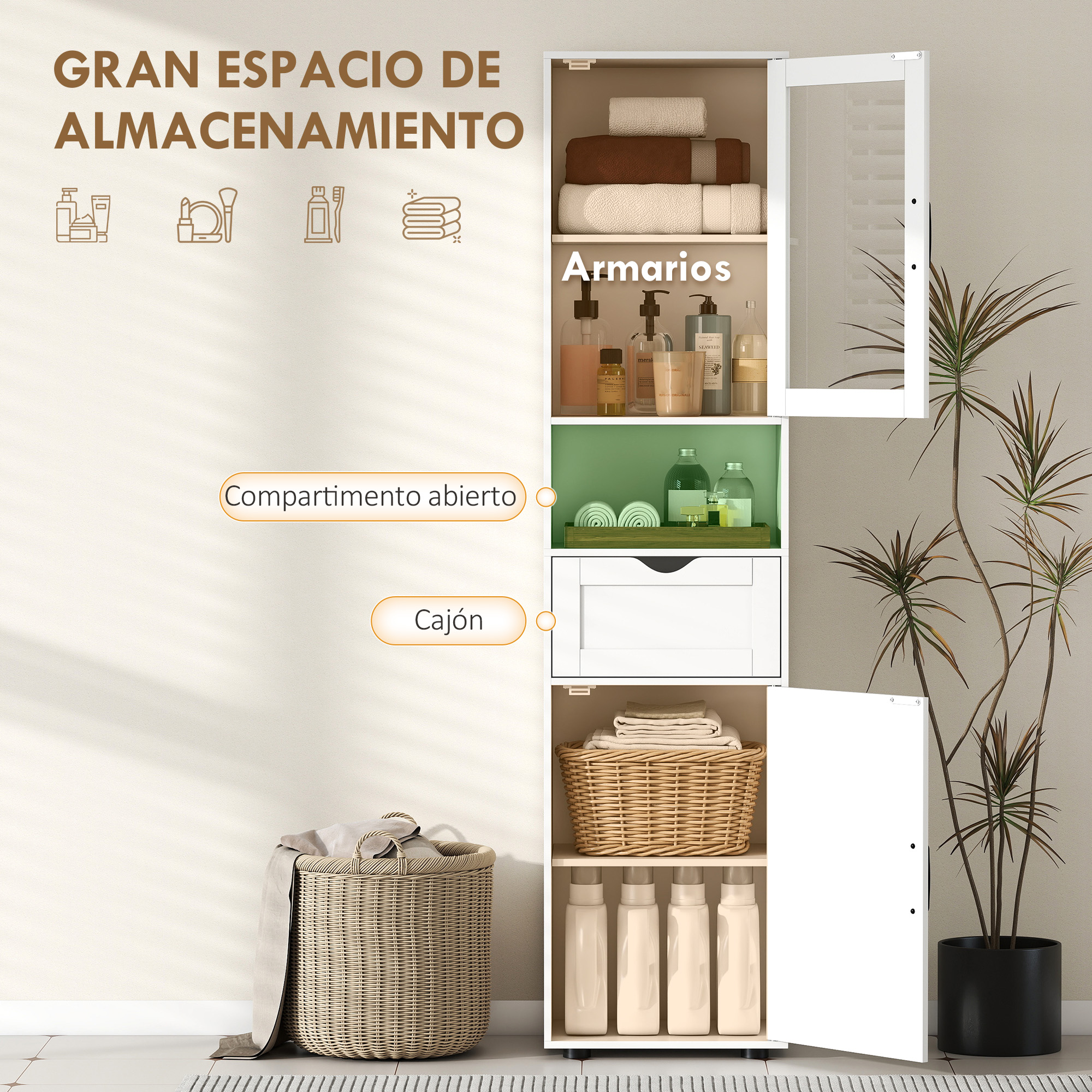 Un armario blanco con estantes abiertos y cerrados llenos de toallas, jabones y cestas.