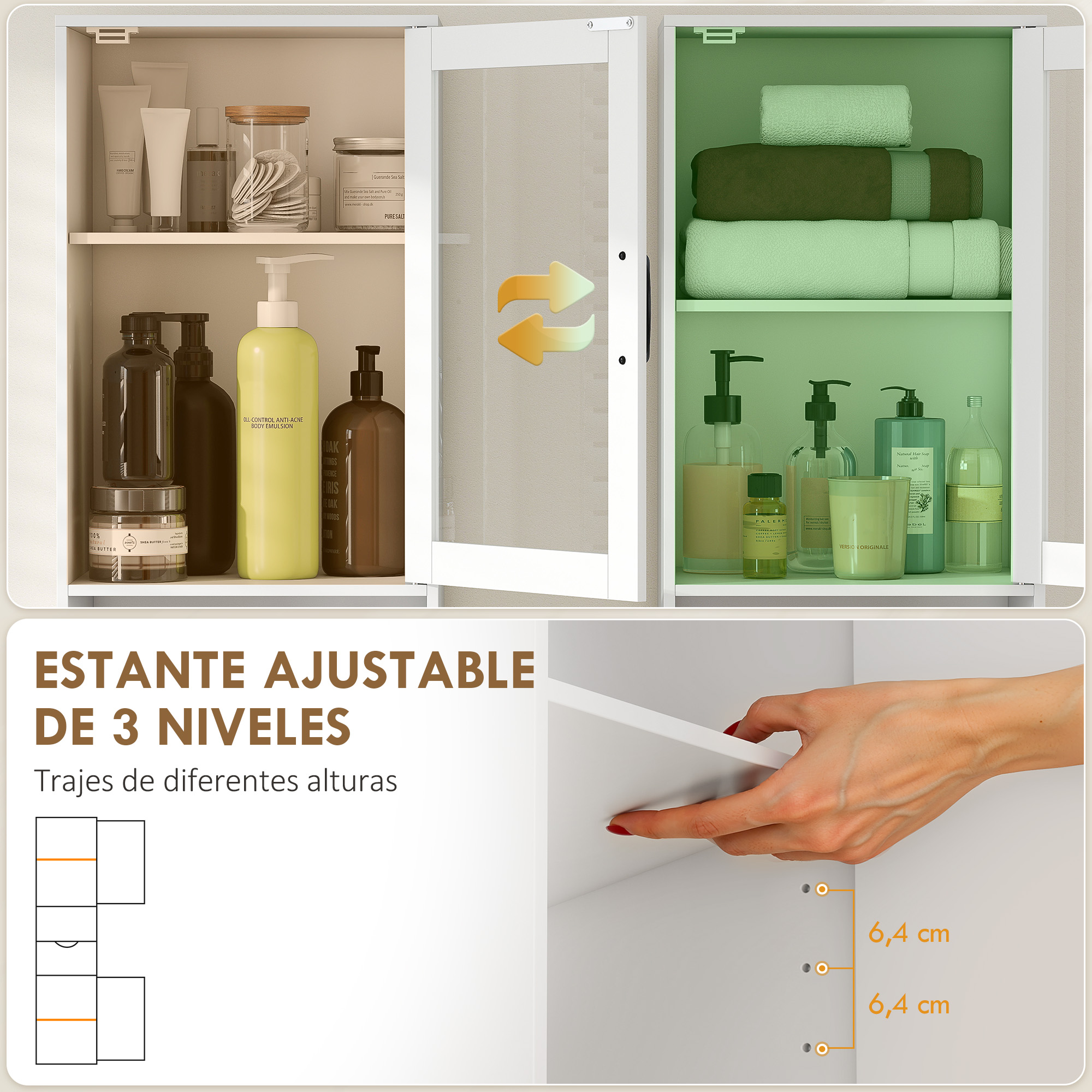 Un armario de baño con productos de cuidado y toallas dobladas en estantes.