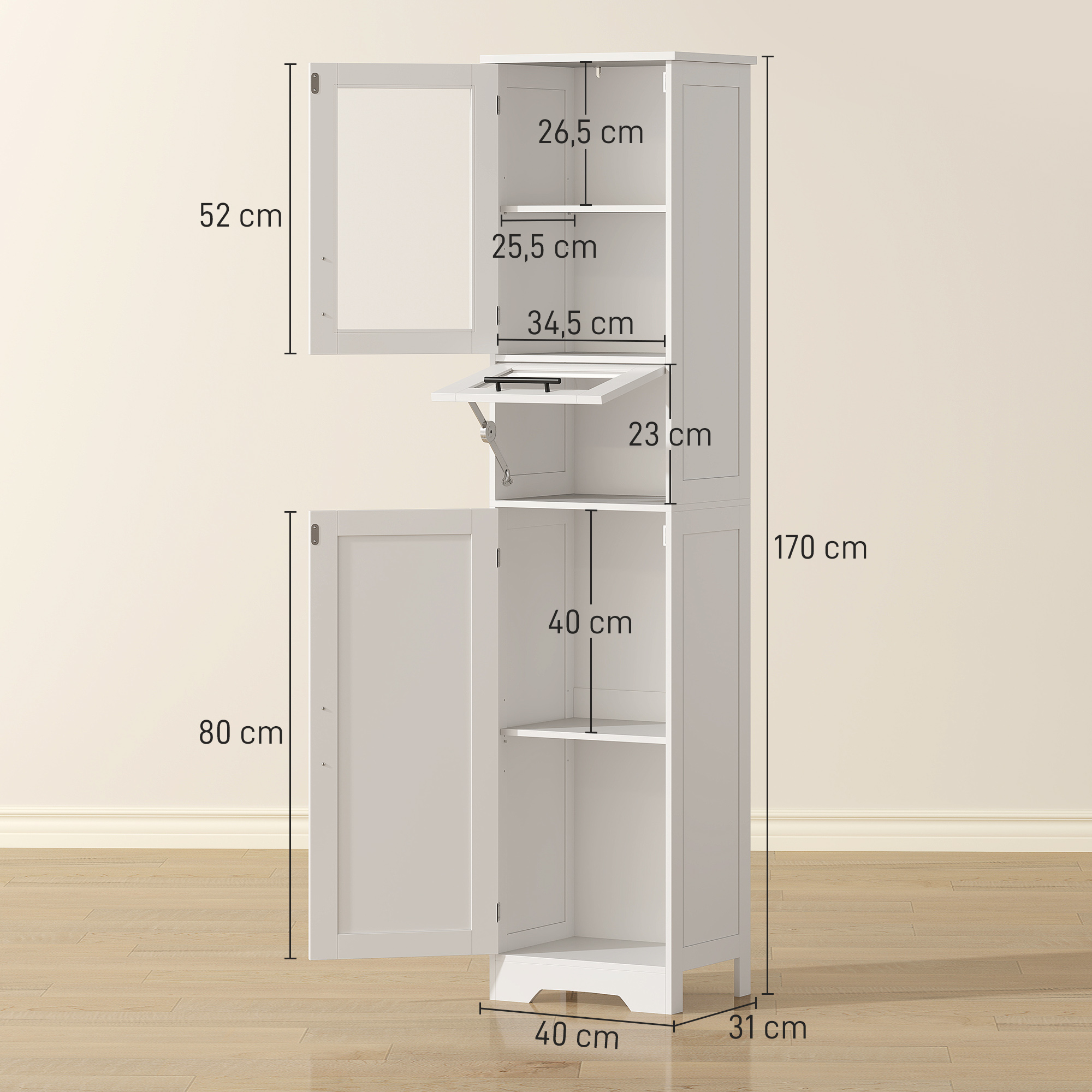 Armario blanco con puertas abiertas y dimensiones. Medidas: 170x40x31 cm.