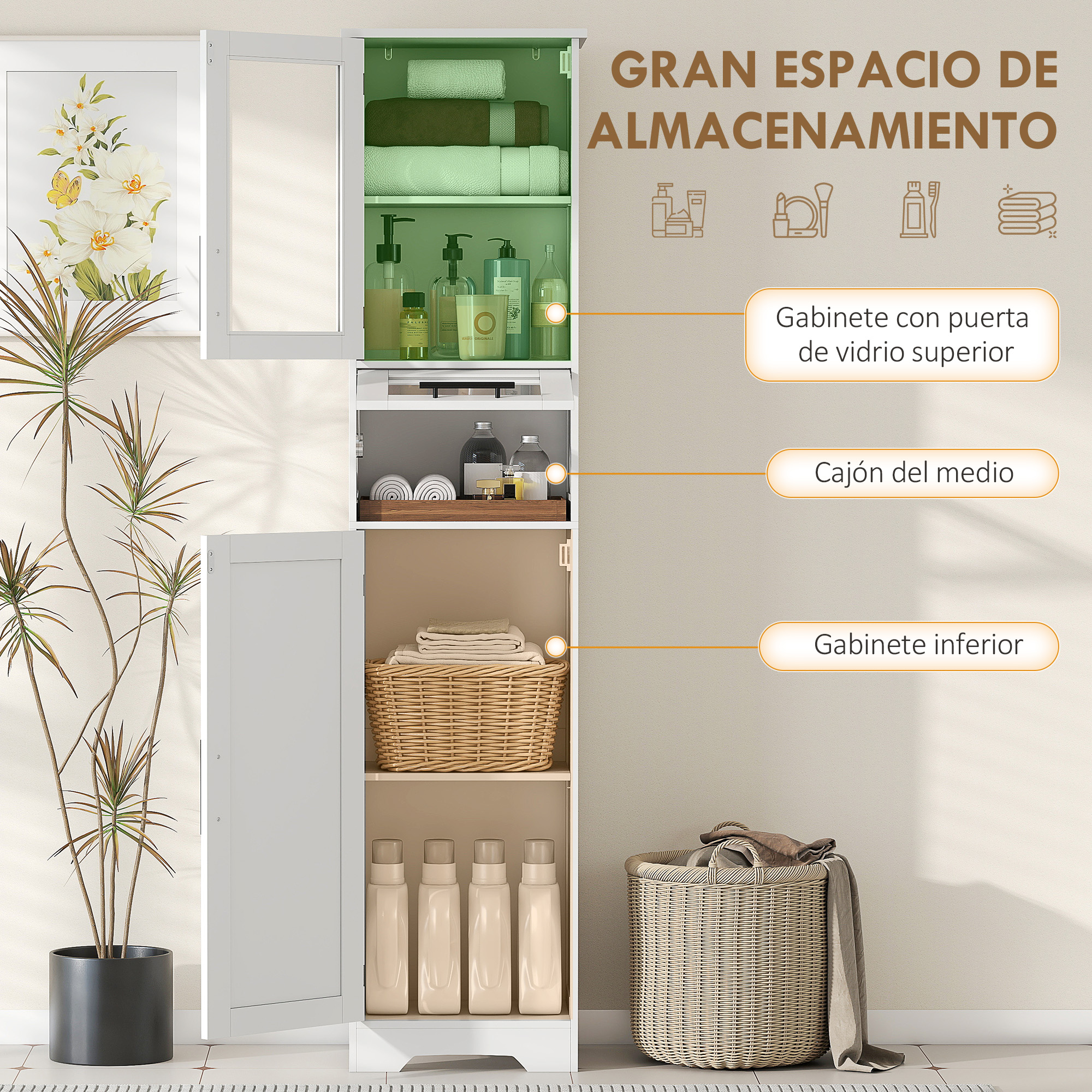 Un armario blanco con puerta de vidrio arriba, lleno de toallas y jabones.