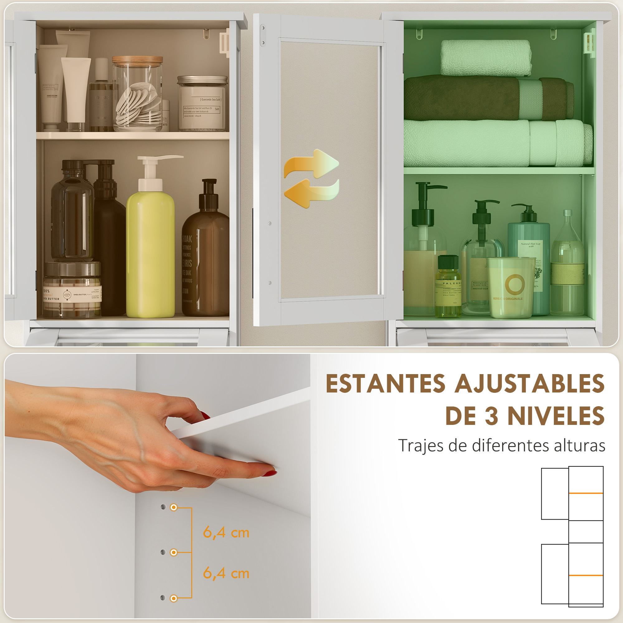 Armario de baño con estantes abiertos llenos de botellas, frascos y toallas.