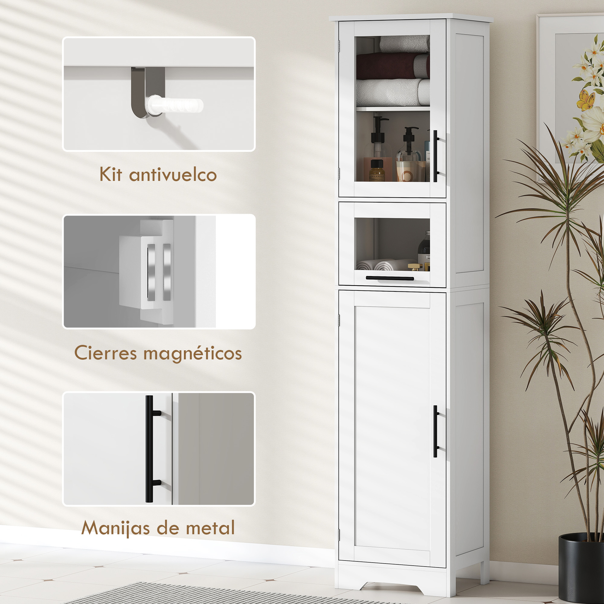 Un mueble alto blanco con puertas de cristal, lleno de toallas y dispensadores.