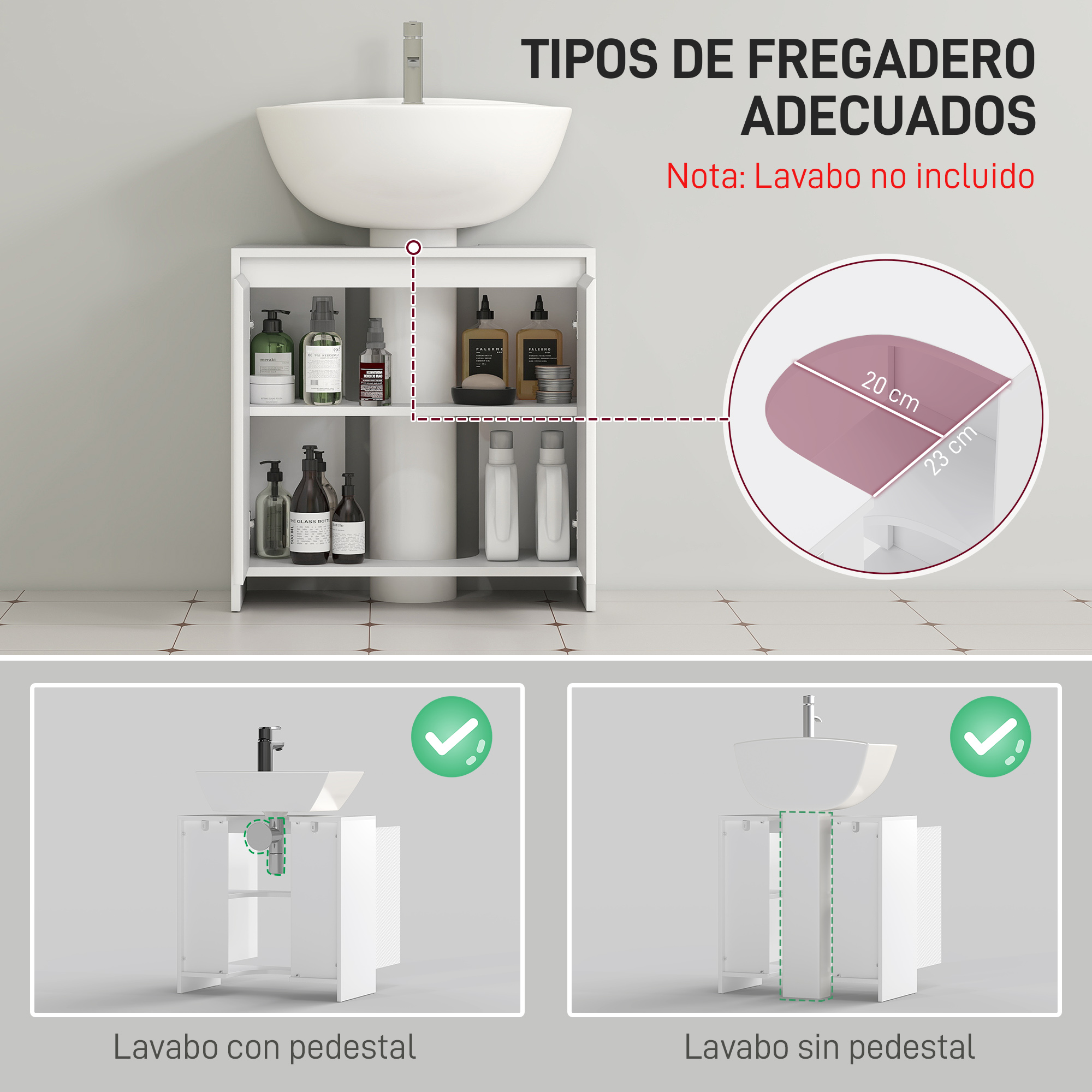 Mueble de baño bajo lavabo con botellas y jabón. Dimensiones: 20x23cm.