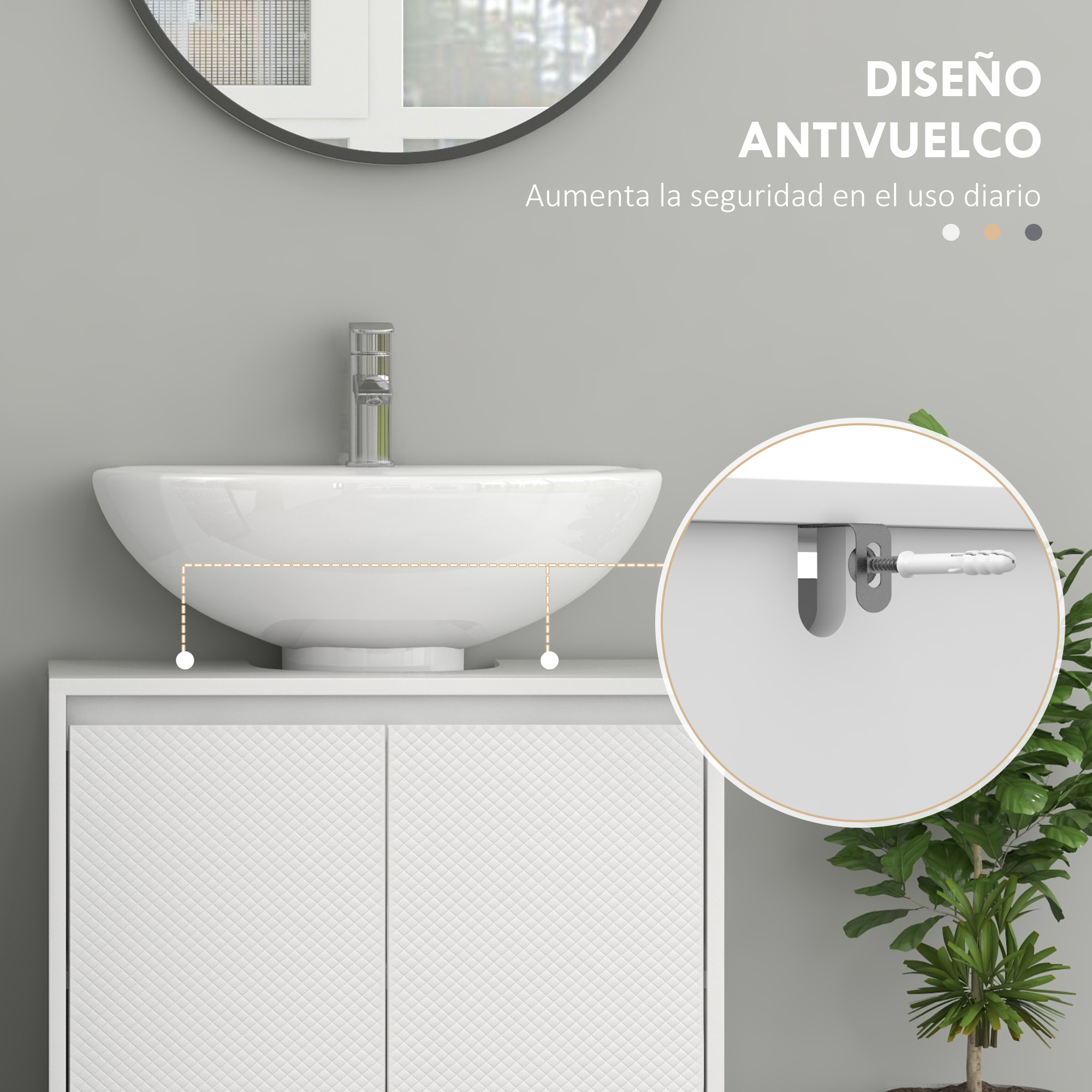 Lavabo sobre mueble blanco, con detalle antivuelco y planta.