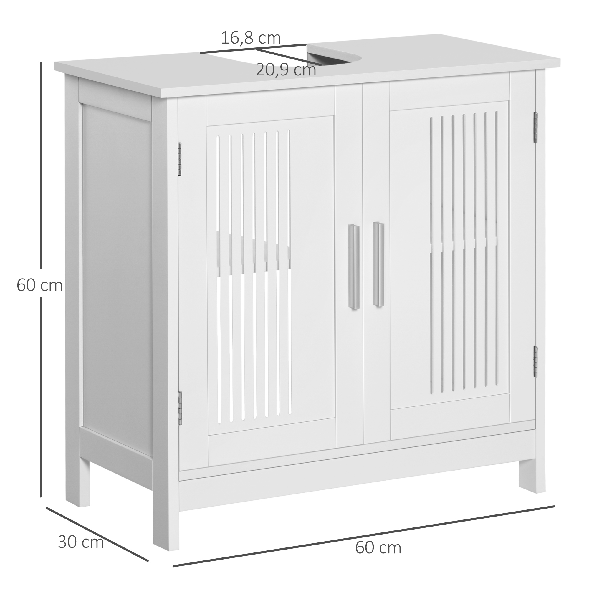 Mueble blanco con dos puertas, frontal de lamas y tiradores plateados.