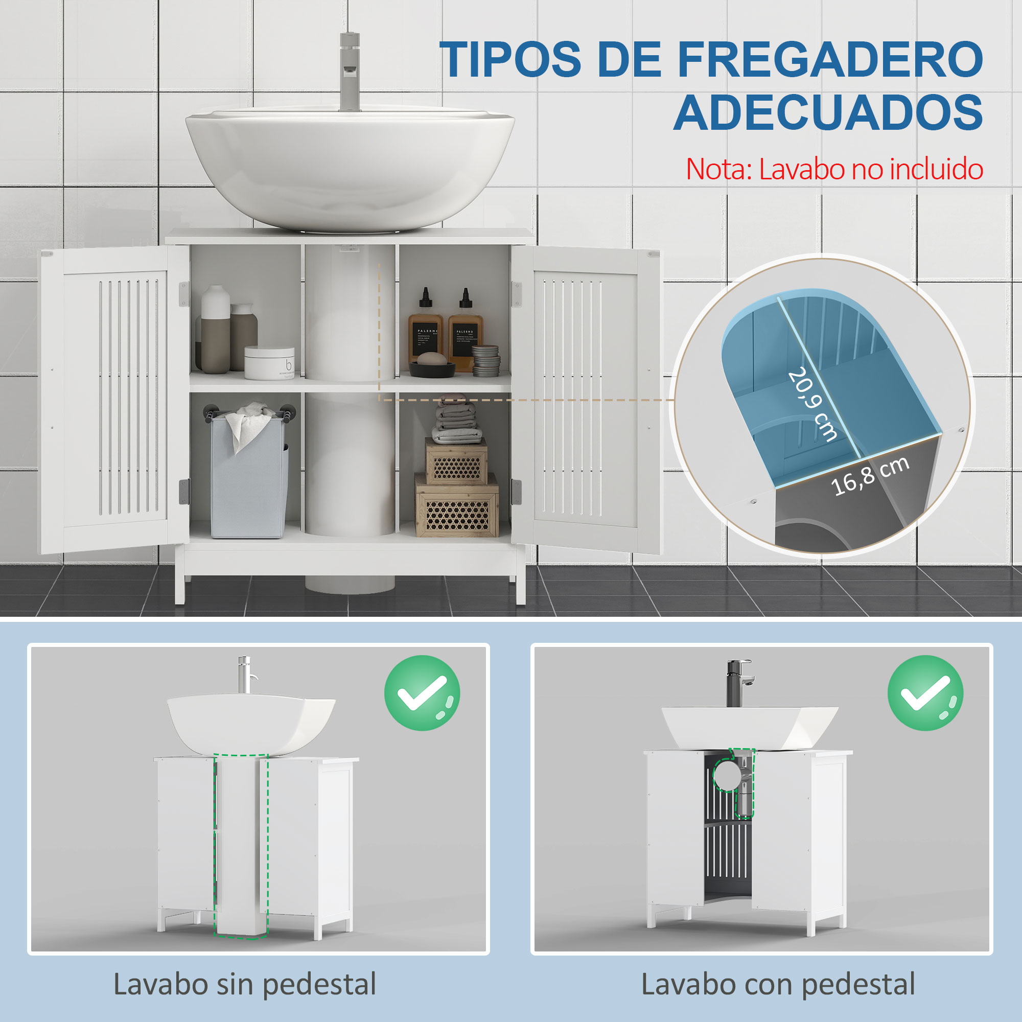 Muebles de lavabo blancos con puertas abiertas, flanqueados por dos imágenes.