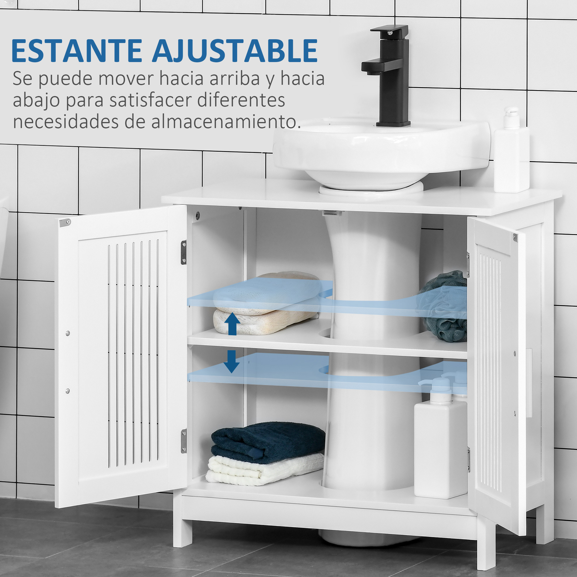 Un mueble de baño blanco con puertas abiertas, que muestra un lavabo, grifo y toallas dentro.