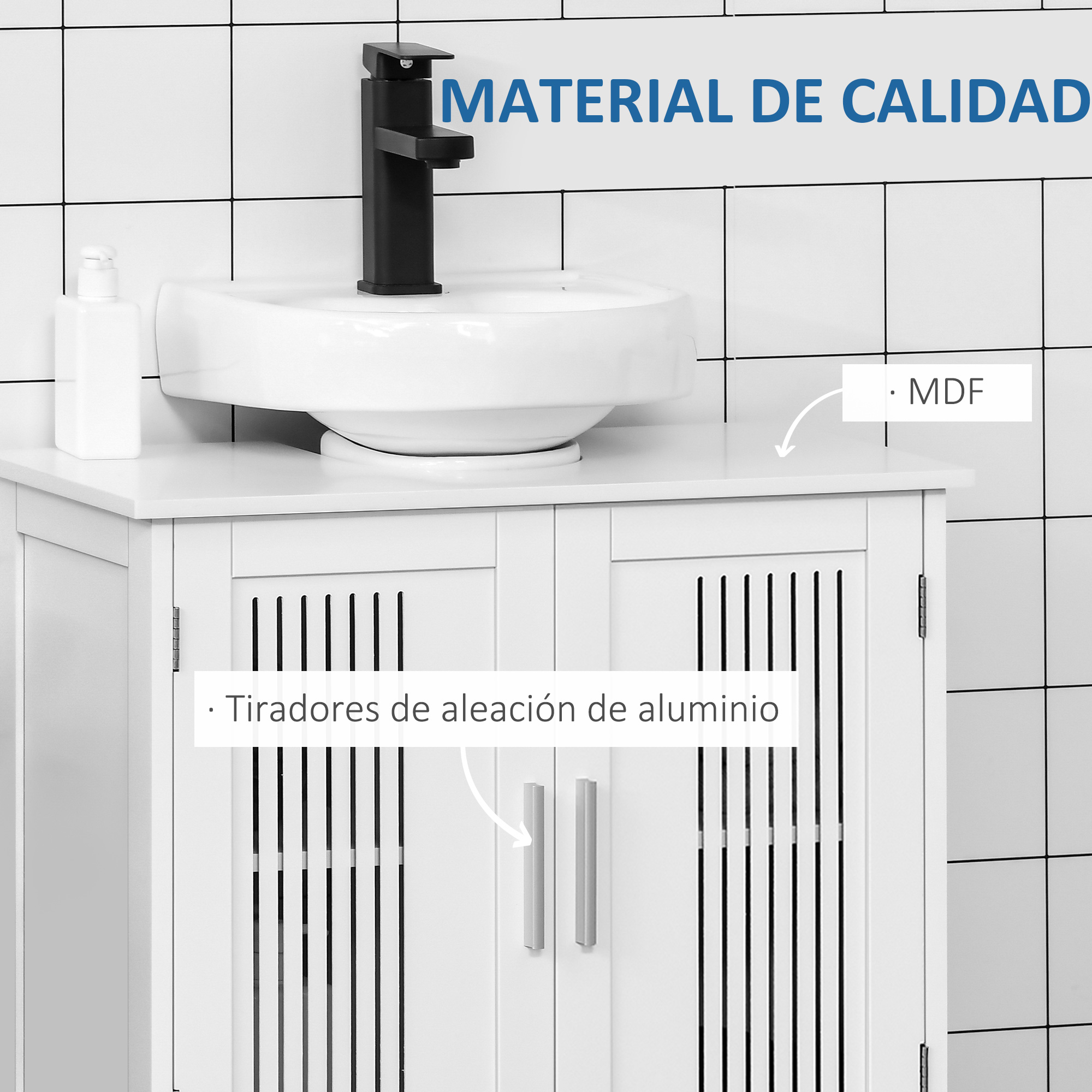 Gabinete de baño blanco con lavabo, grifo y dispensador de jabón.
