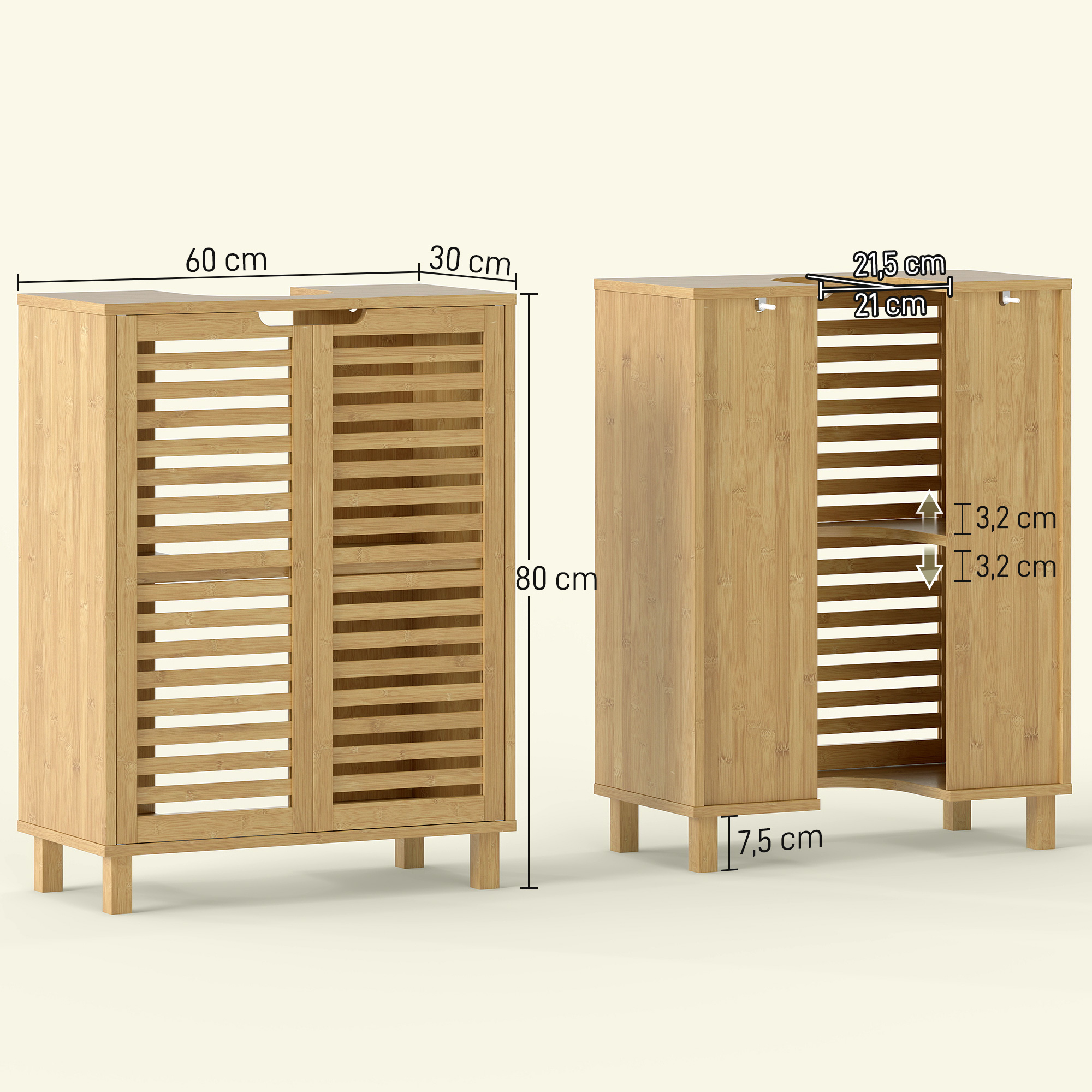 Dos armarios de madera con puertas de lamas. Se indican las dimensiones.