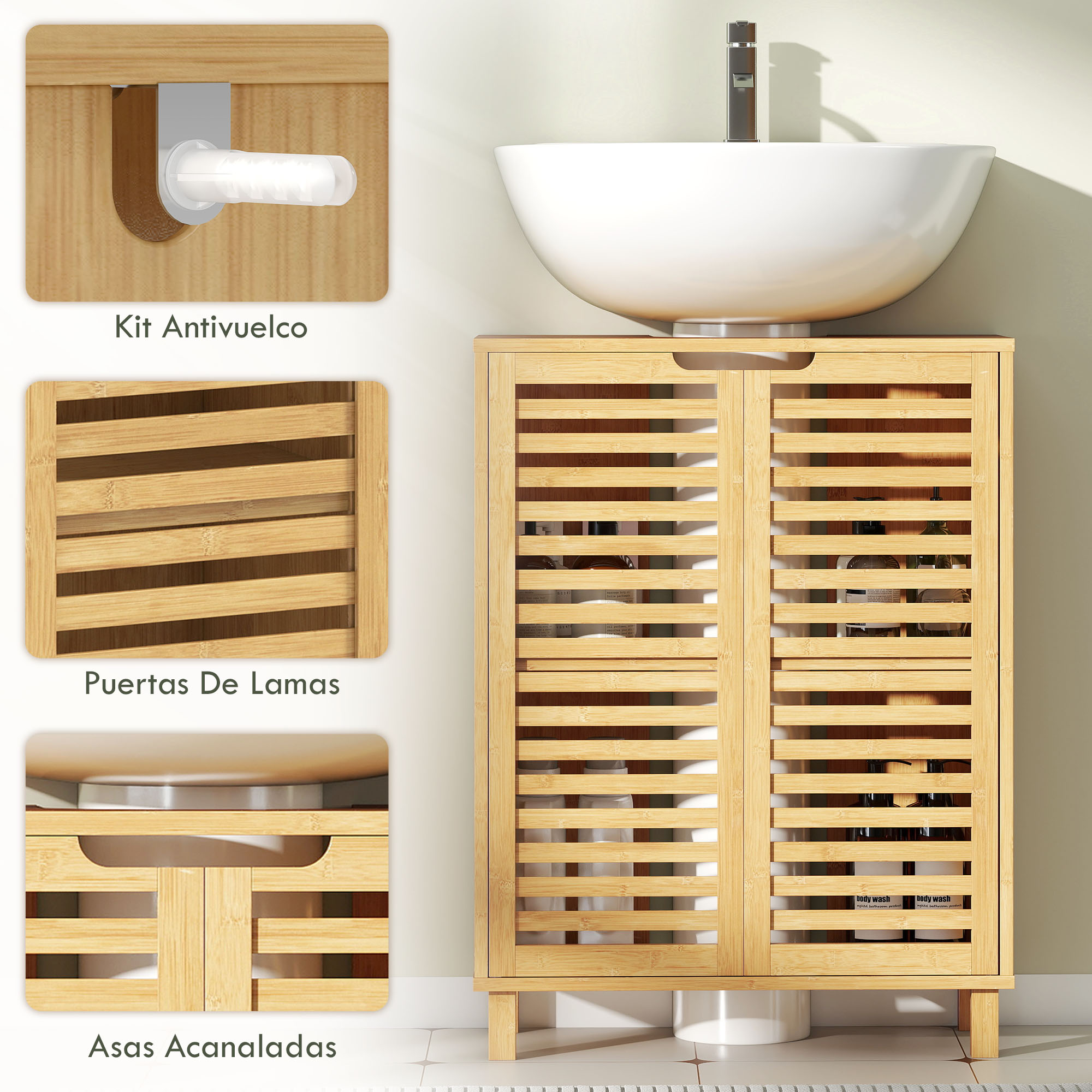 Mueble de baño de bambú con puertas de lamas, lavabo y grifo. Incluye kit antivuelco.