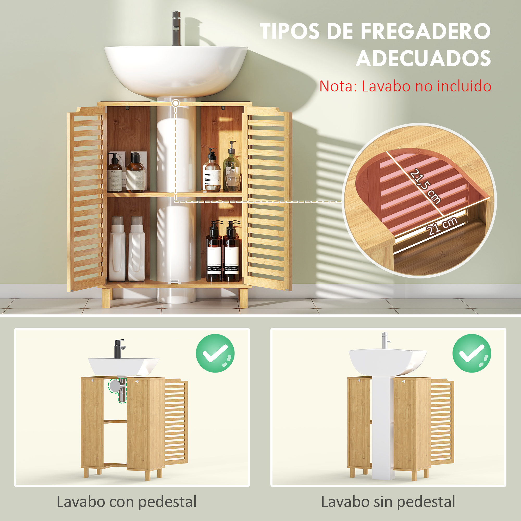 Mueble de bambú con dos puertas, tres estantes y botellas. Lavabo no incluido.