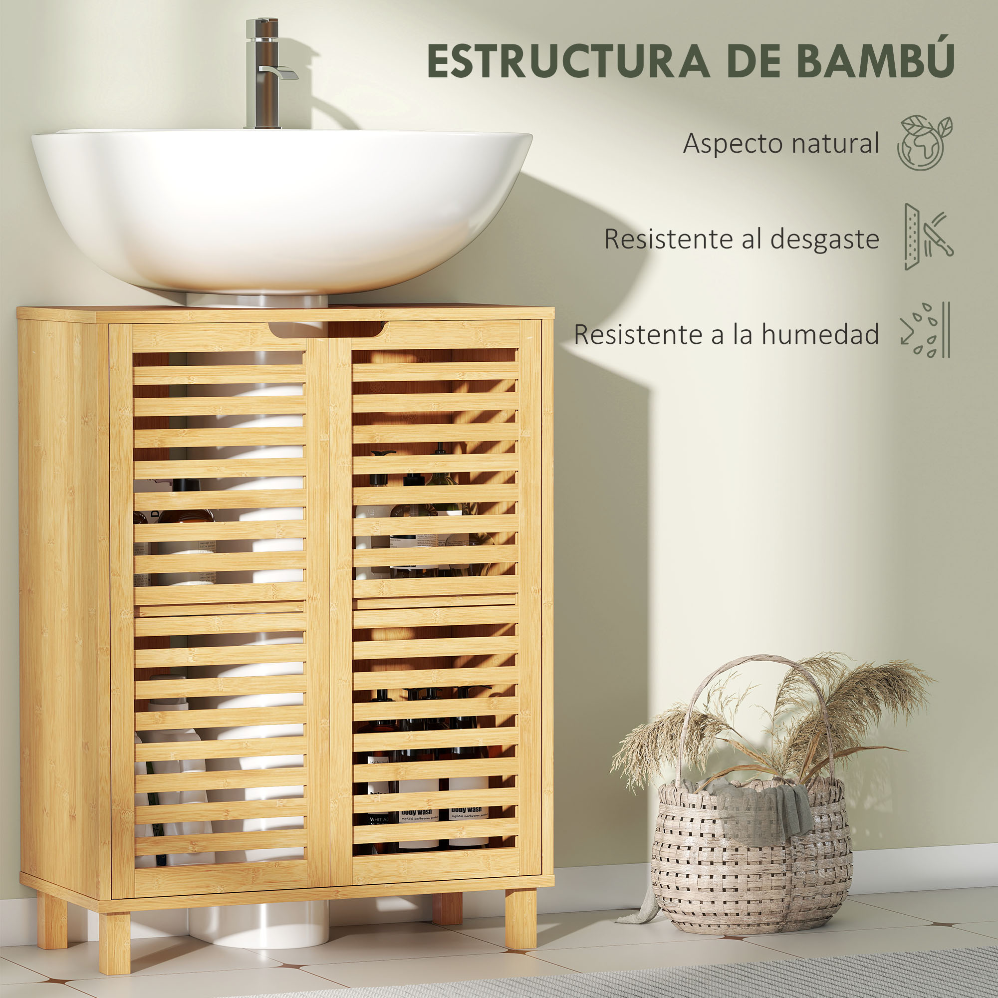 Armario de baño de bambú con lavabo blanco y cesta de flores secas.