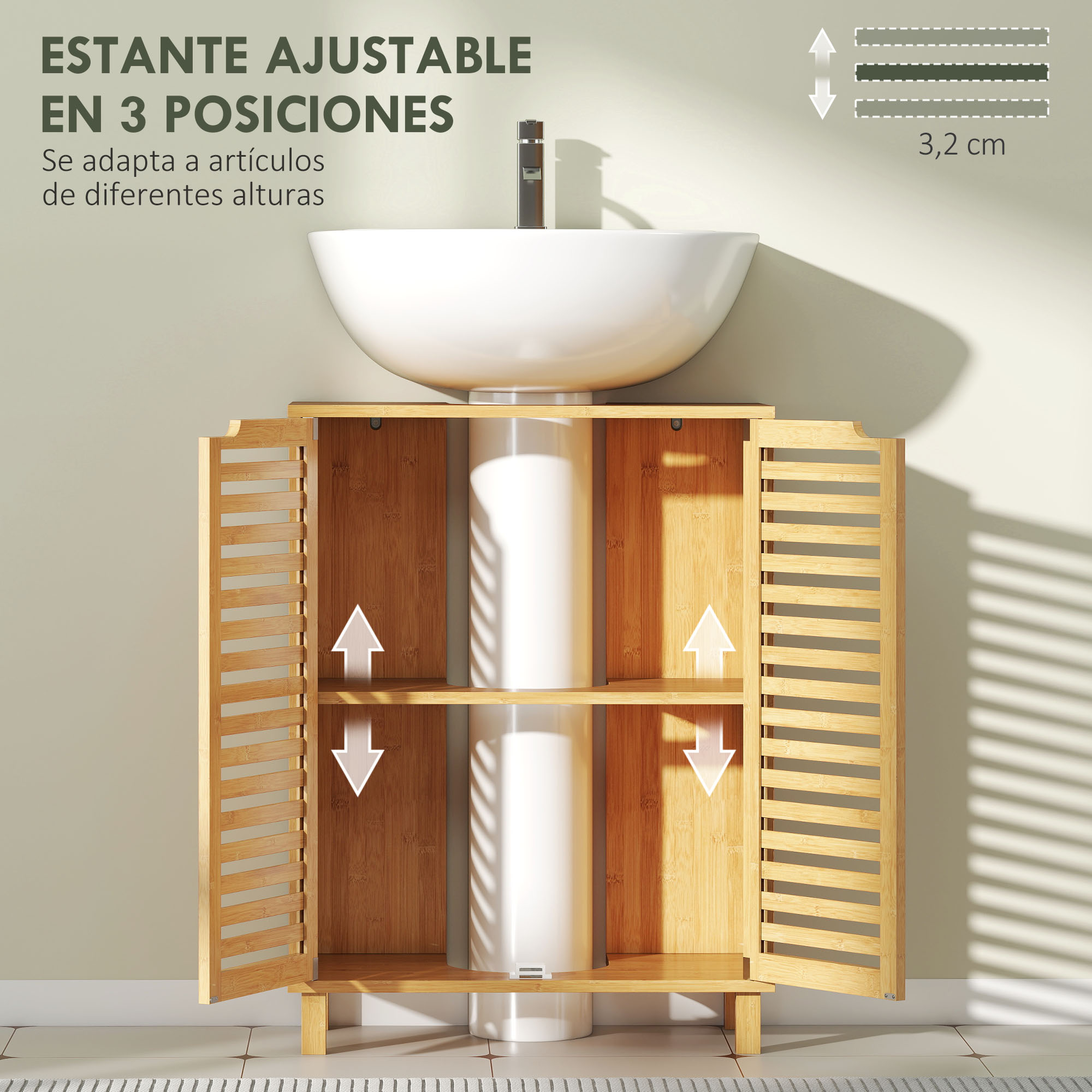 Mueble de baño de bambú con 3 estantes, debajo de un lavabo.