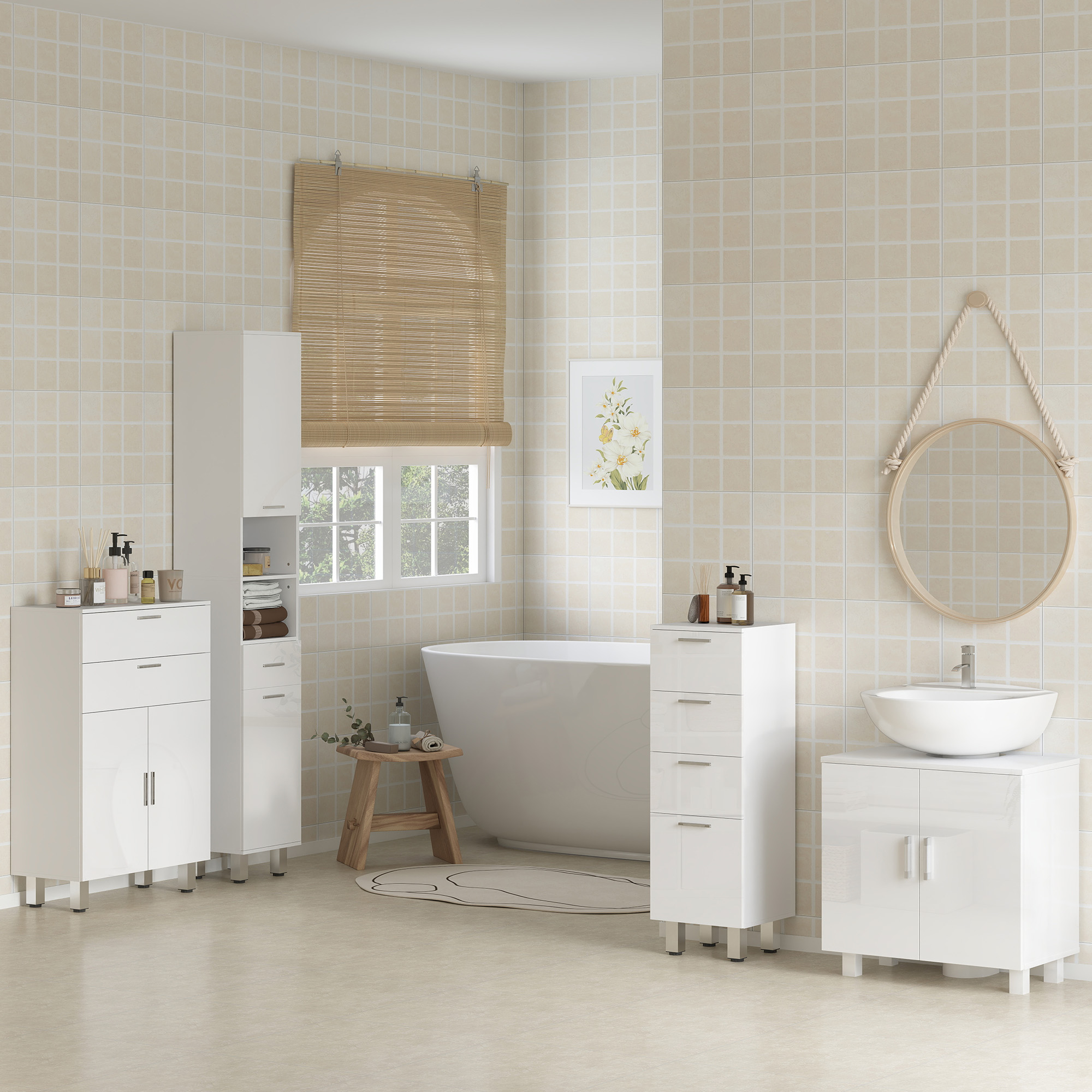 Un baño luminoso con gabinetes blancos, una bañera, un lavabo y un espejo.