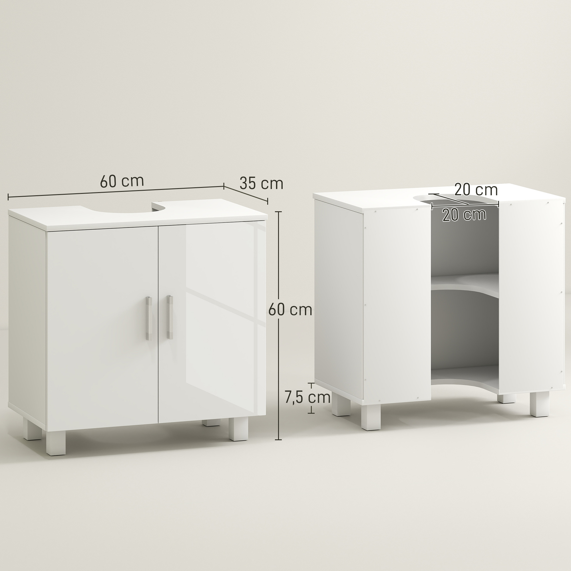 Dos armarios blancos con medidas: 60x35x60 cm y estante de 20x20 cm.