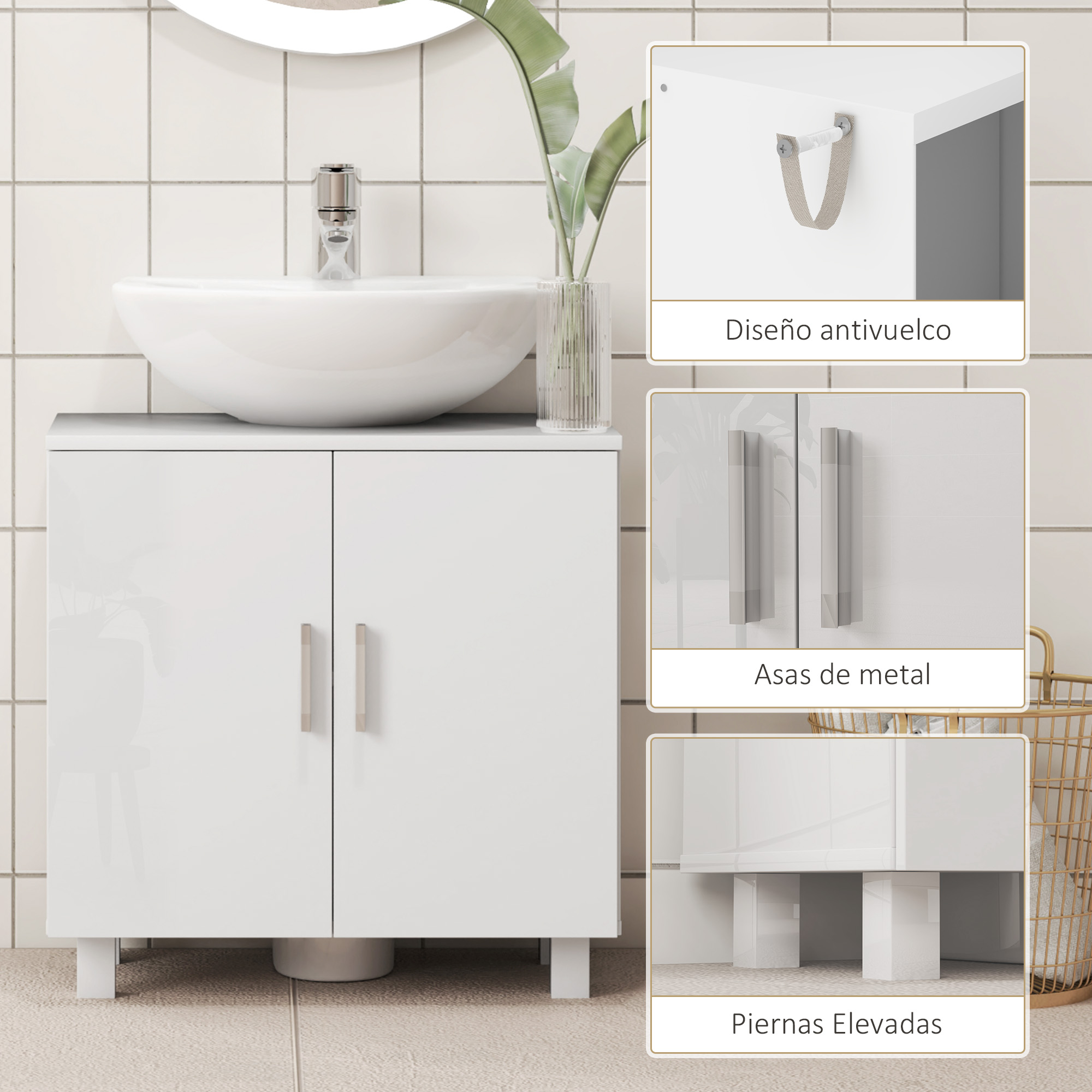 Un mueble de baño blanco con lavabo y grifo, con fotos de detalles.