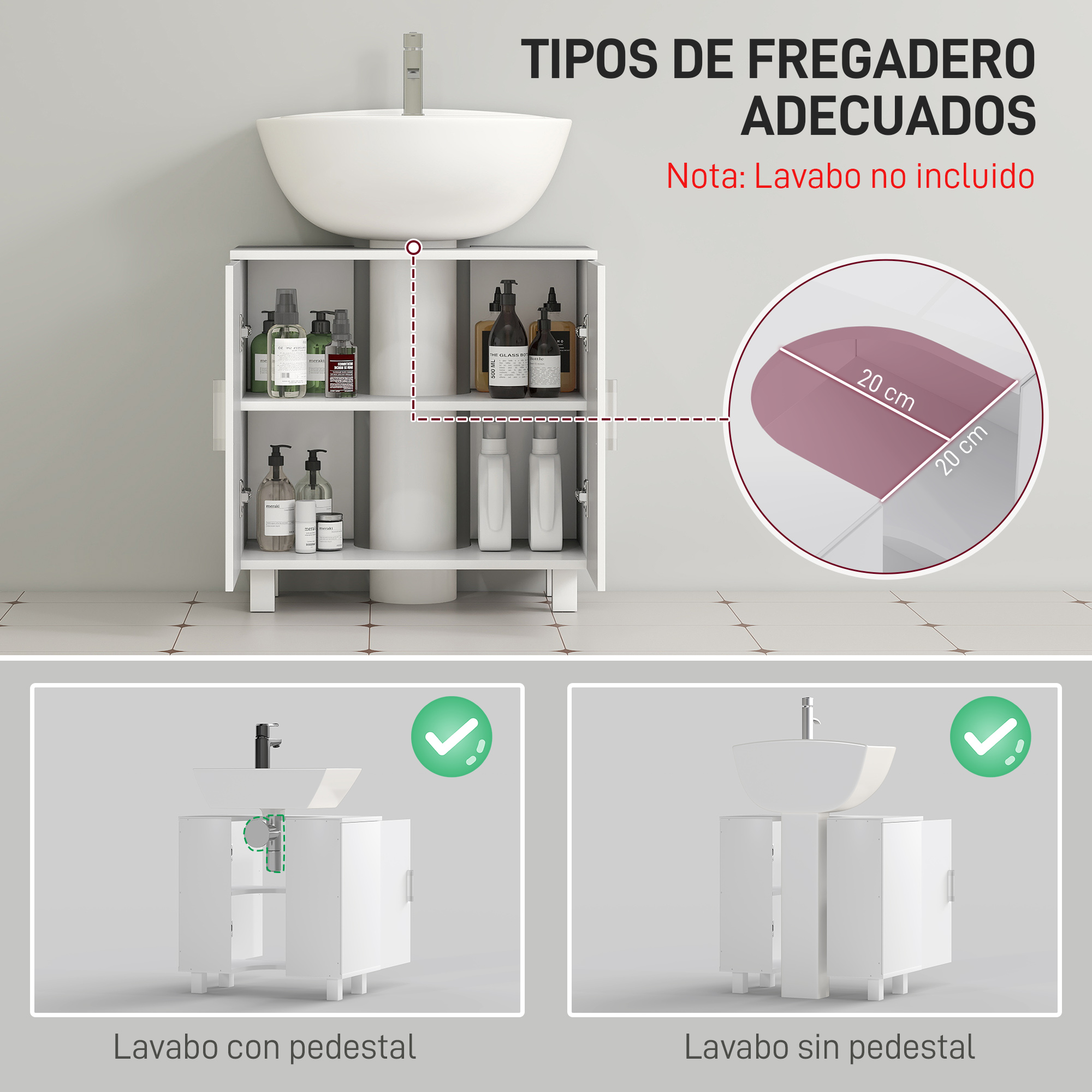 Un mueble blanco bajo un lavabo, con botellas en estantes.