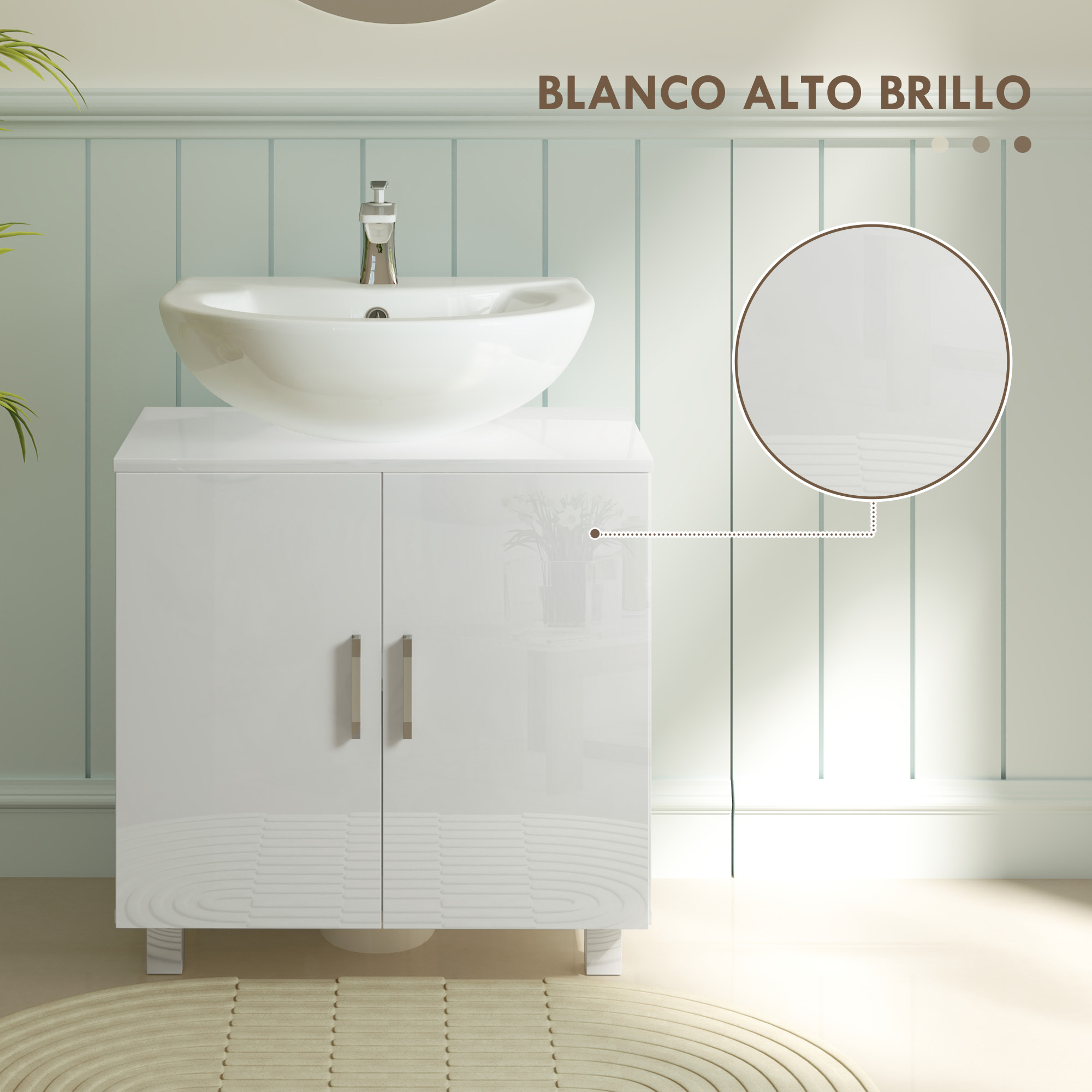 Un mueble de lavabo blanco con dos puertas y un lavabo encima.