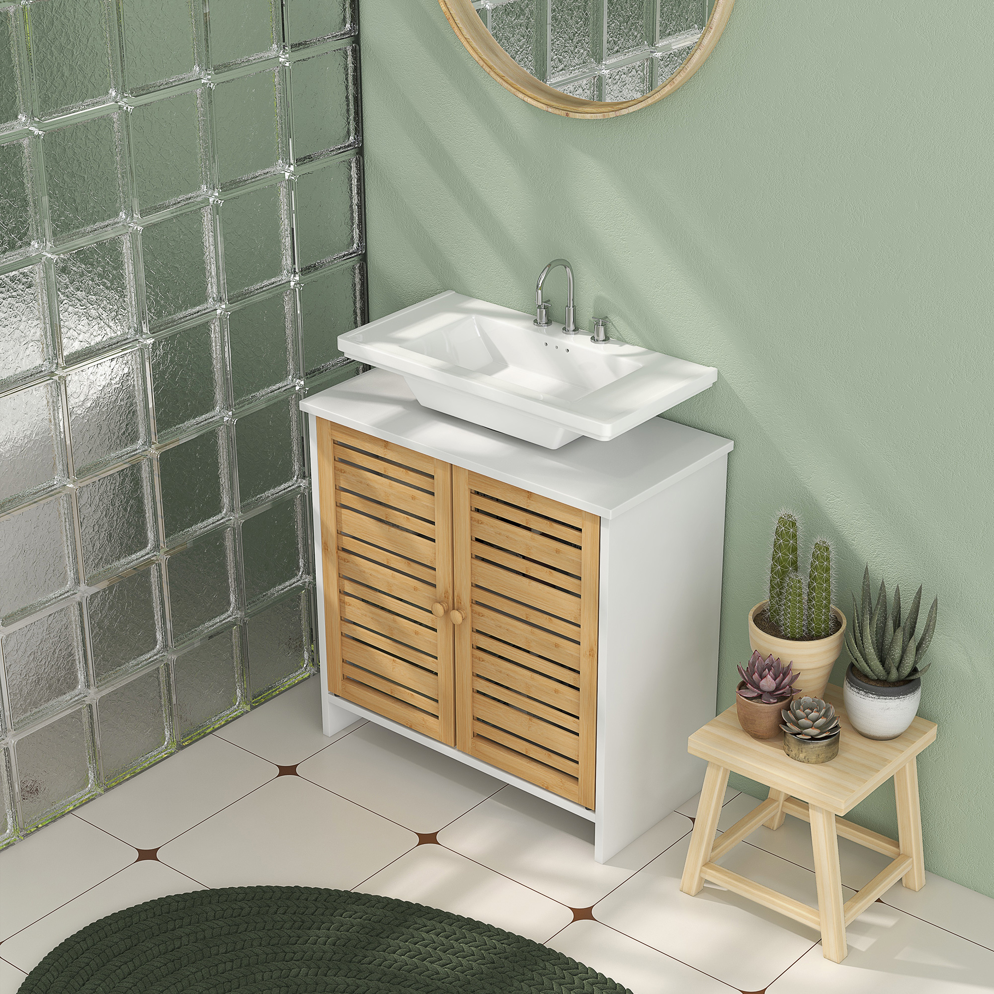 Baño con lavabo, mueble, espejo y plantas.
