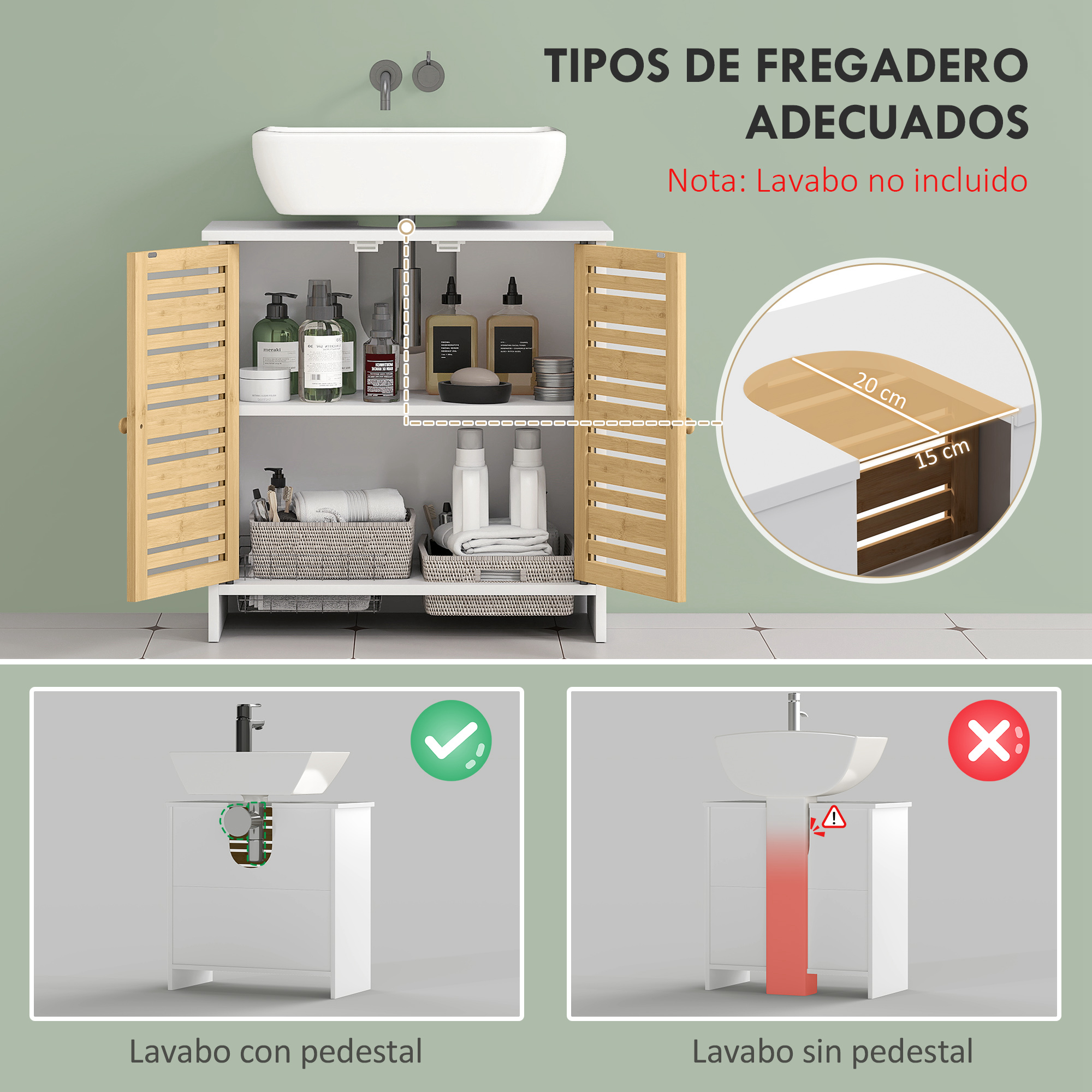 Mueble de baño con lavabo y almacenamiento. Izquierda: con pedestal. Derecha: sin pedestal.