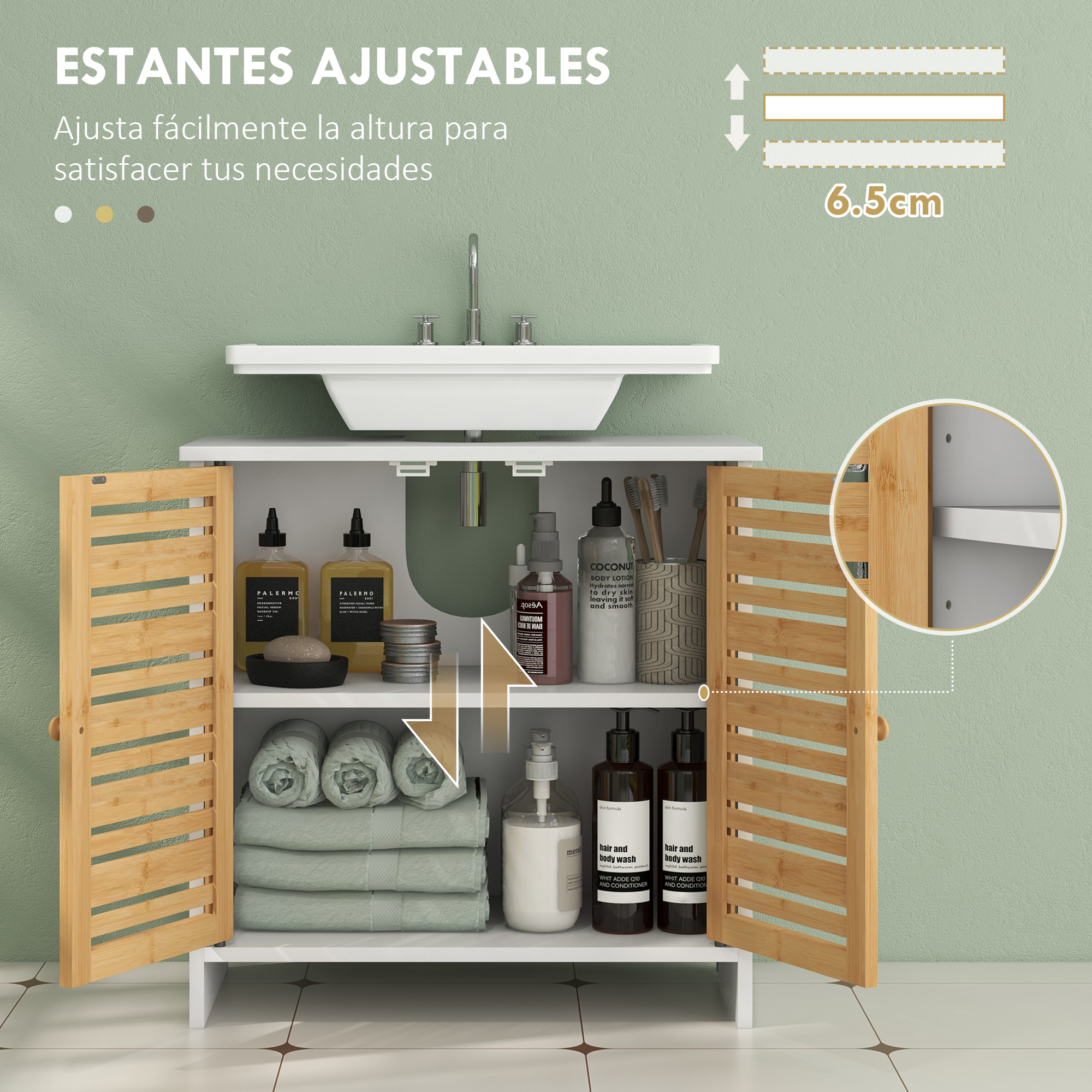 Un mueble de baño blanco con puertas de lamas de madera, con toallas y botellas.