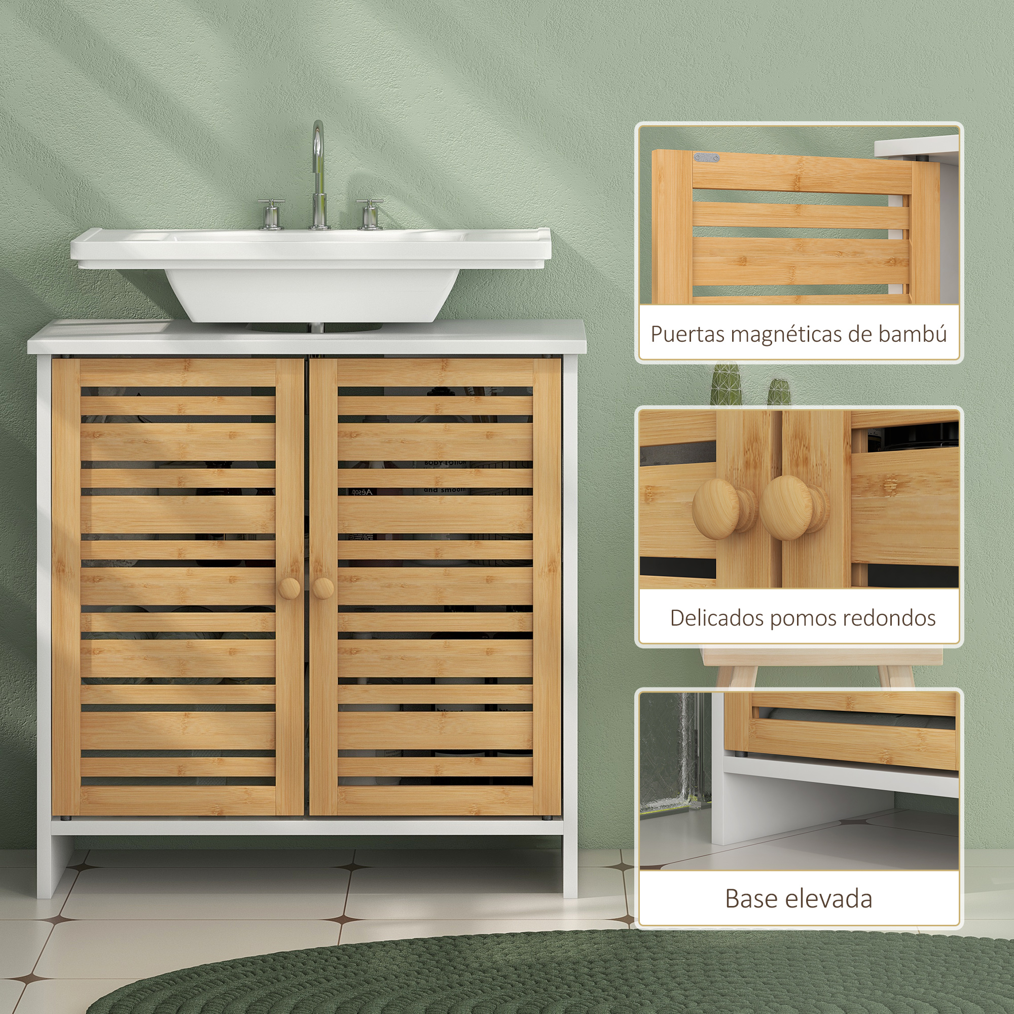Armario de baño de bambú con dos puertas de listones y pomos redondos.
