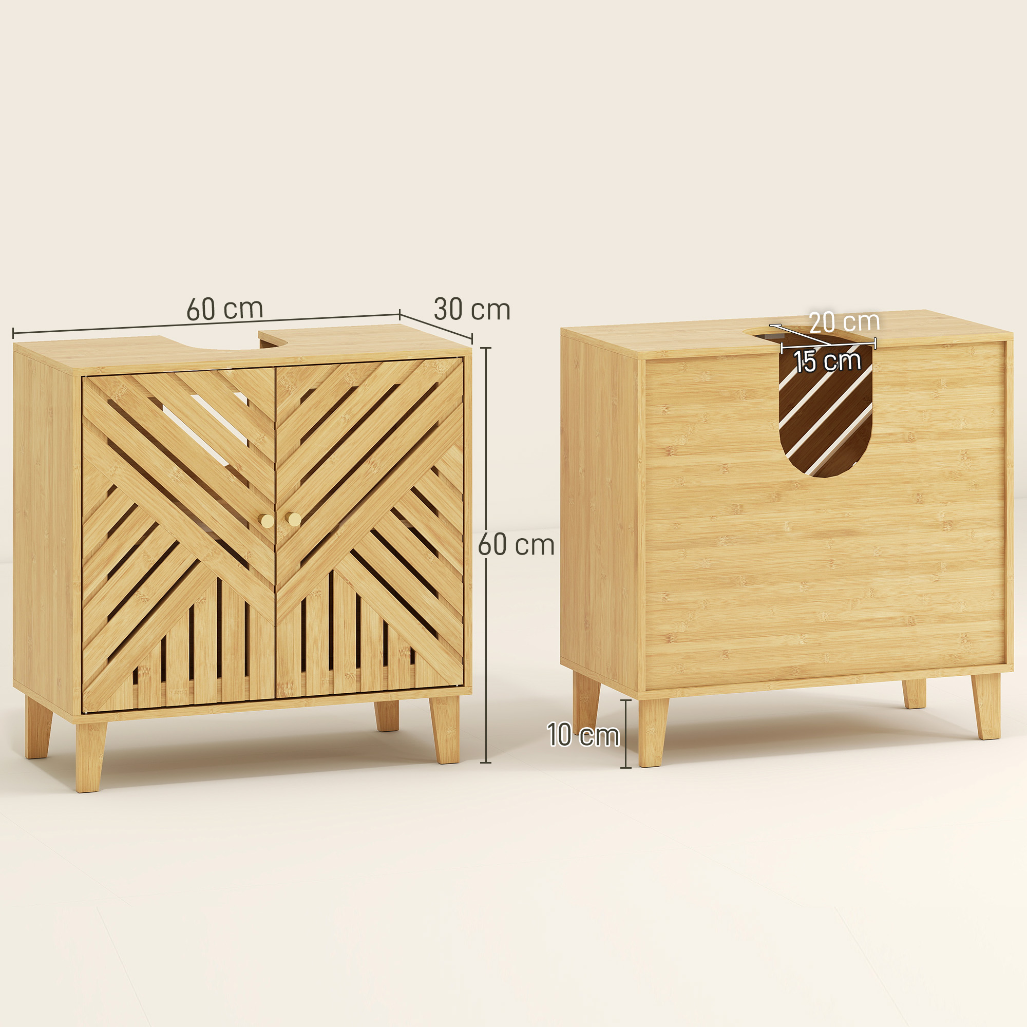 Dos muebles de lavabo de bambú con medidas. Uno tiene puertas, el otro una abertura.